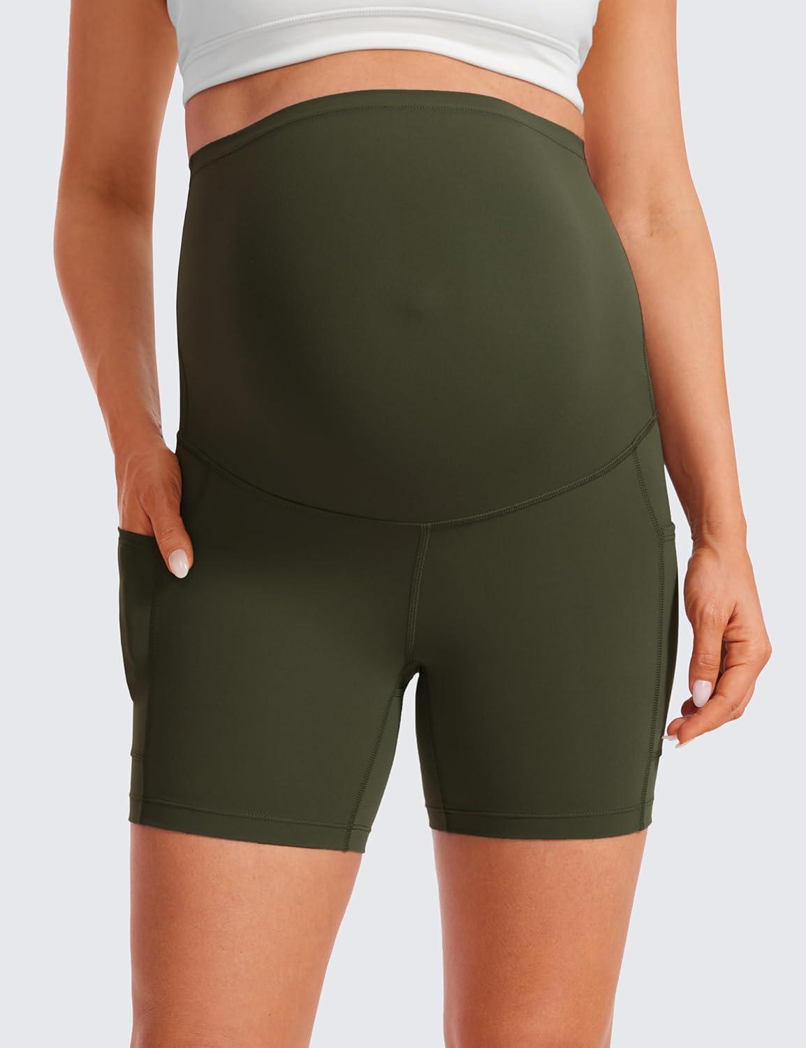 imageCRZ YOGA Butterluxe Maternity Biker Shorts Pockets 5quot Over The Belly Pregnancy Womens Yoga Workout Athletic Buttery SoftOlive Green