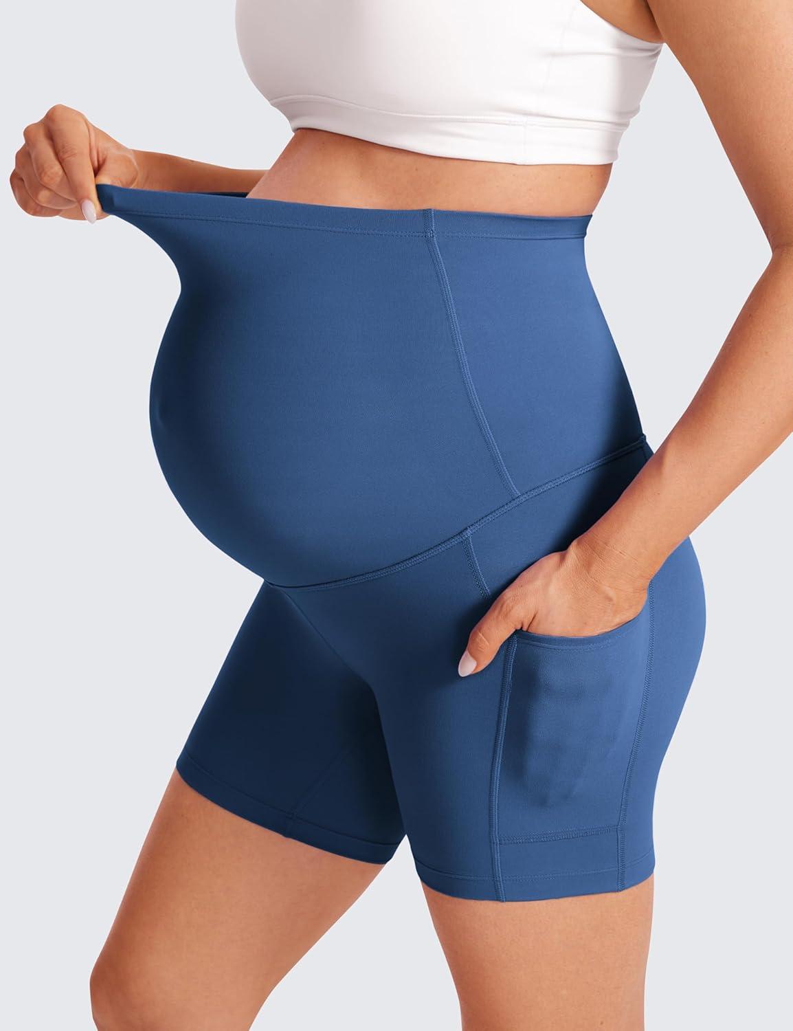 imageCRZ YOGA Butterluxe Maternity Biker Shorts Pockets 5quot Over The Belly Pregnancy Womens Yoga Workout Athletic Buttery SoftPitch Blue
