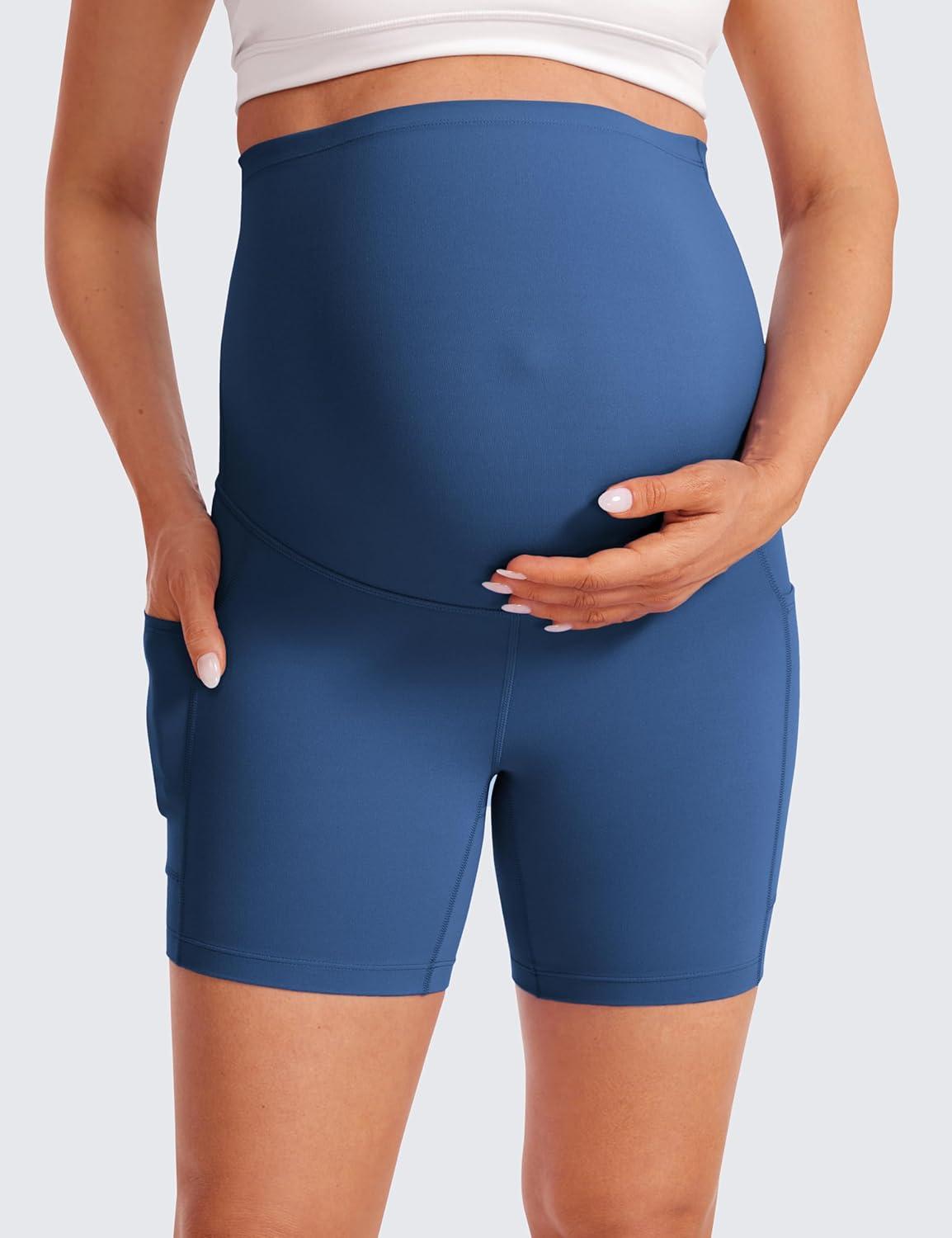 imageCRZ YOGA Butterluxe Maternity Biker Shorts Pockets 5quot Over The Belly Pregnancy Womens Yoga Workout Athletic Buttery SoftPitch Blue