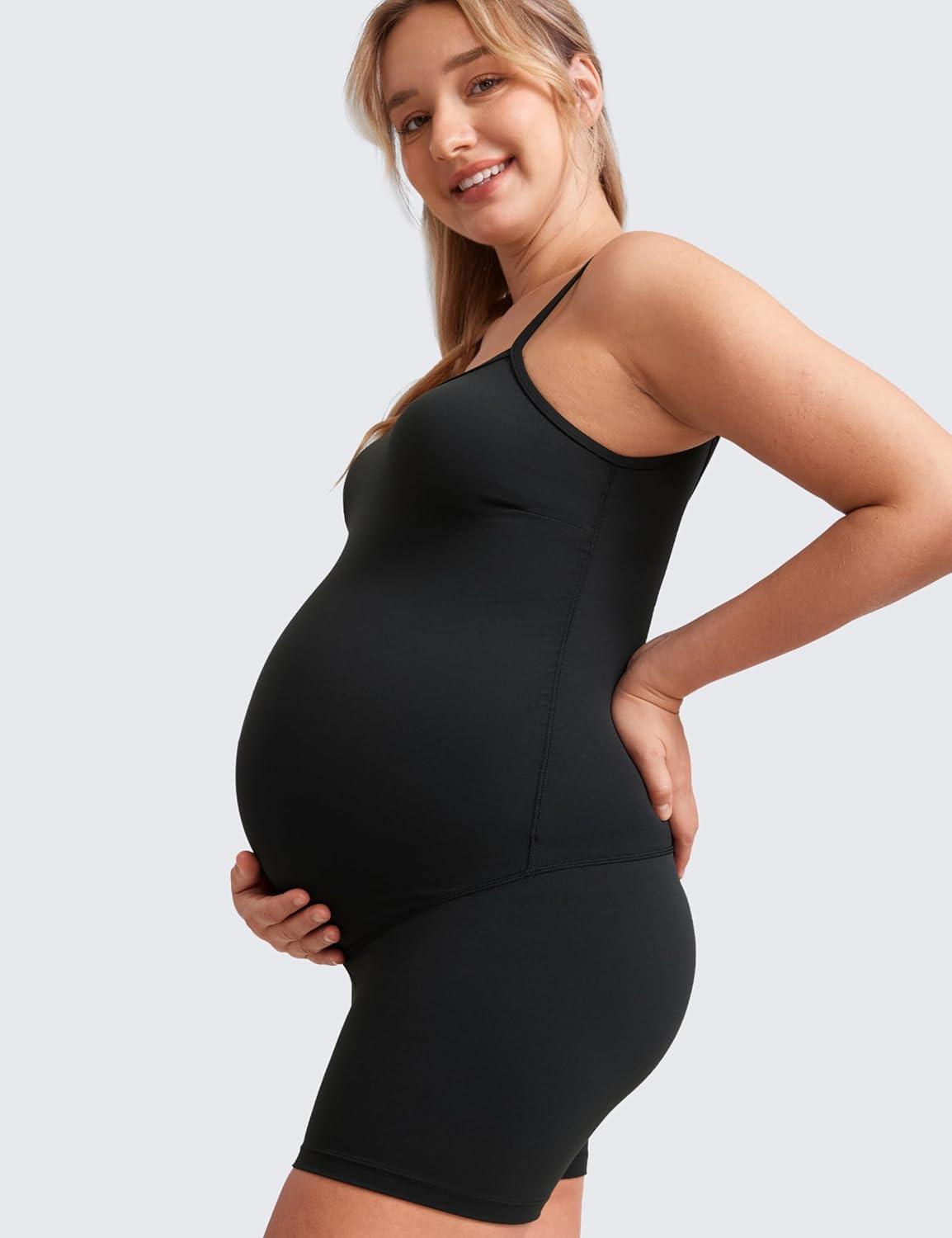 imageCRZ YOGA Butterluxe Maternity Cami Strap Workout Romper U Neck Casual Shorts Jumpsuit Pregnancy Womens Tank Top BodysuitBlack