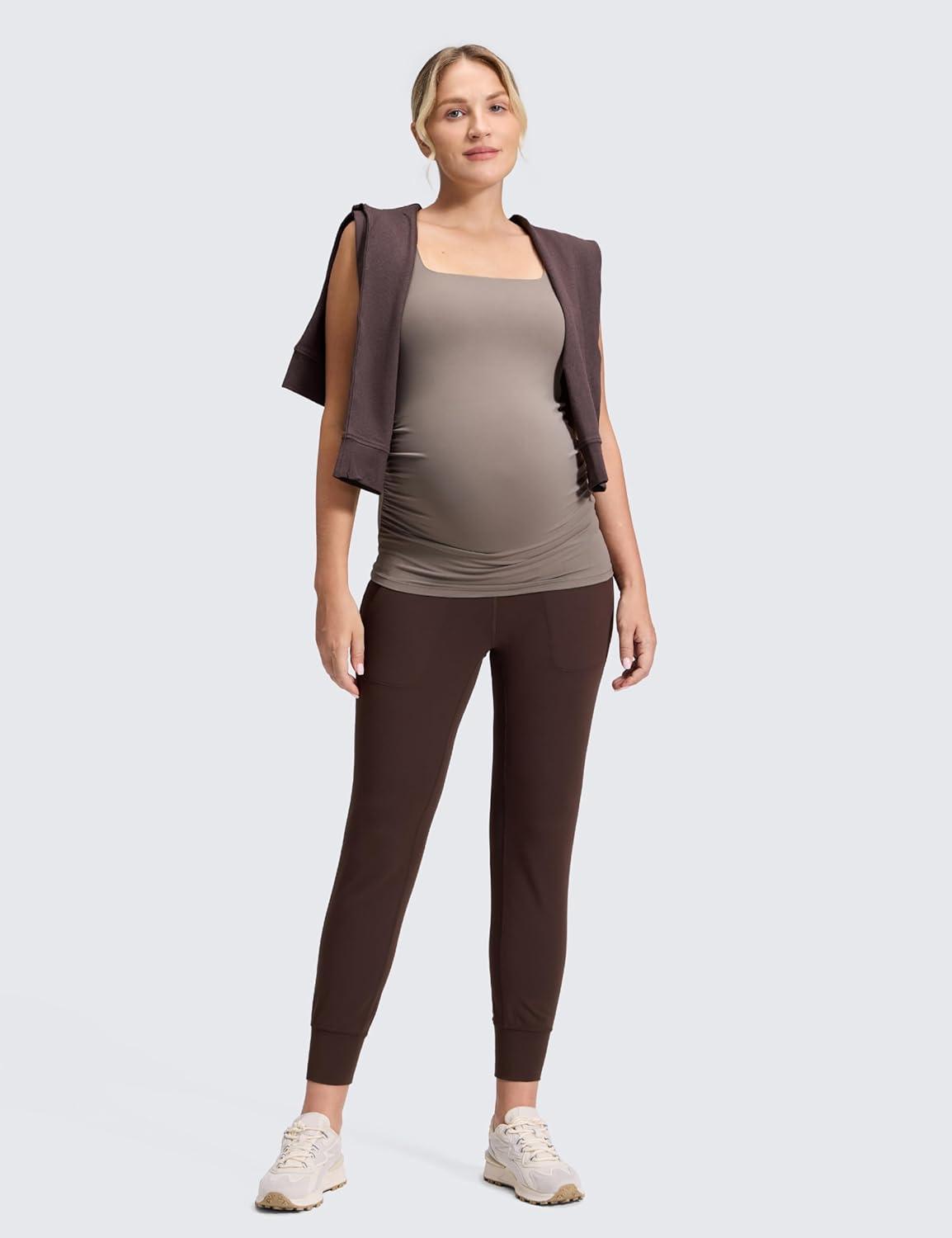 imageCRZ YOGA Butterluxe Maternity Joggers Pockets 27quot Workout Active Yoga Pregnancy Womens Pants Over The Belly SoftHot Fudge Brown