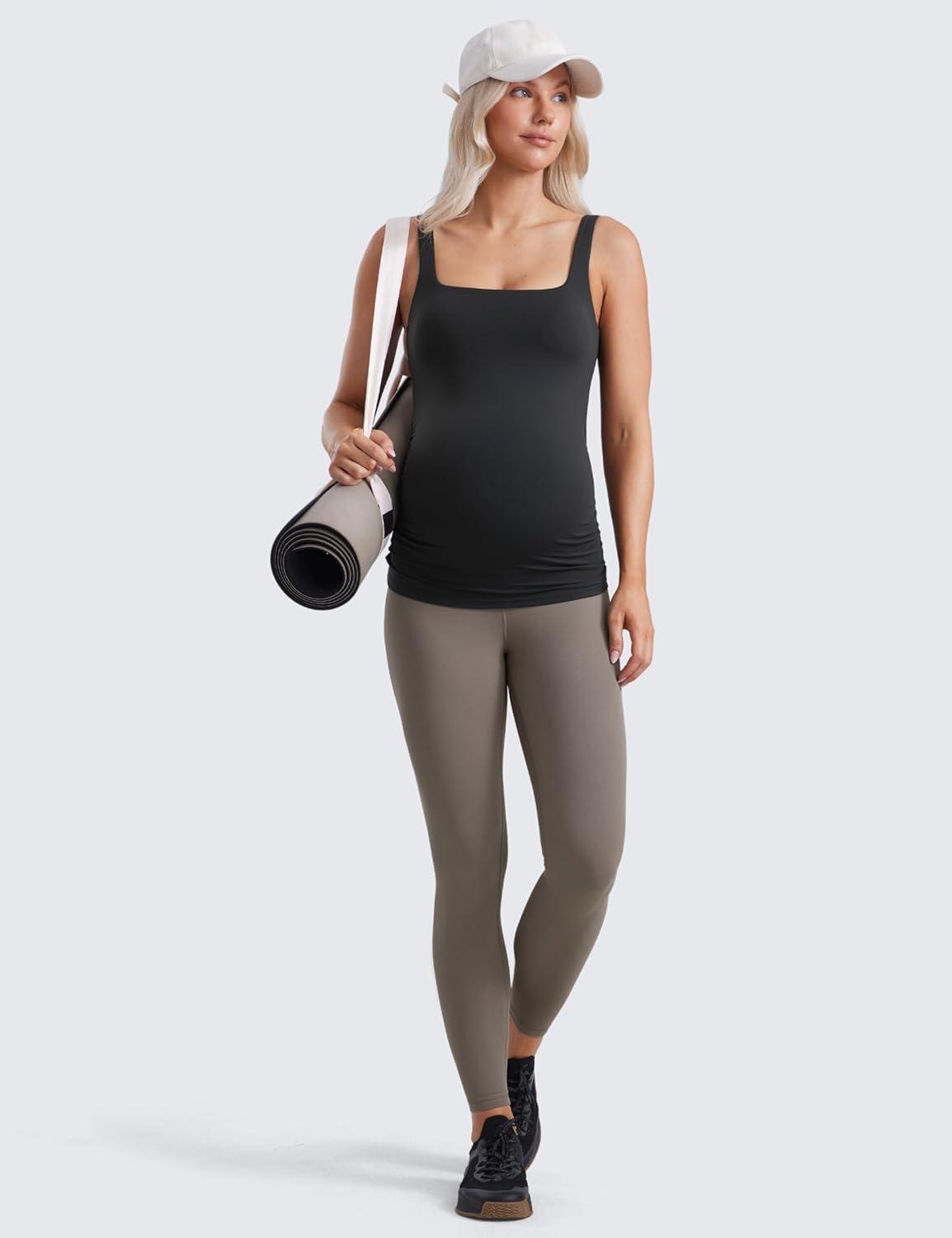 imageCRZ YOGA Butterluxe Maternity Square Neck Tank Tops Ruched Sleeveless Womens Pregnancy Yoga Tee Shirt with Built in BraBlack