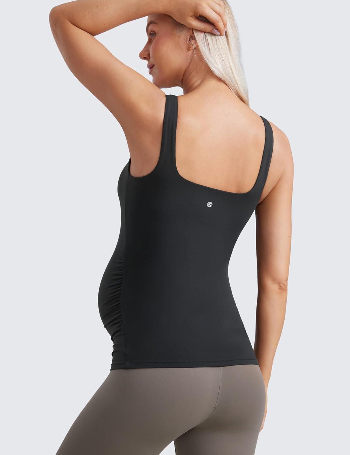 imageCRZ YOGA Butterluxe Maternity Square Neck Tank Tops Ruched Sleeveless Womens Pregnancy Yoga Tee Shirt with Built in BraBlack