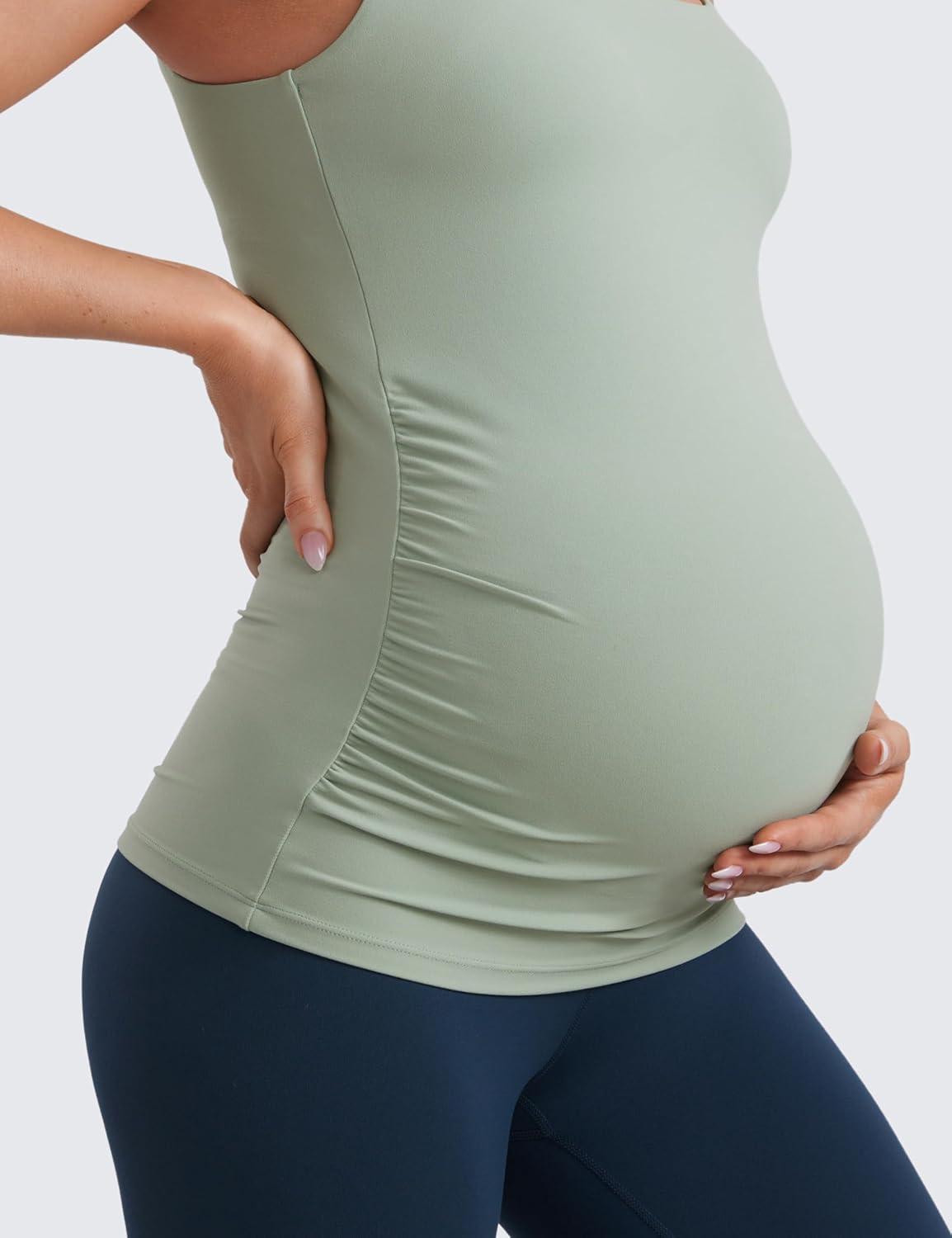 imageCRZ YOGA Butterluxe Maternity Square Neck Tank Tops Ruched Sleeveless Womens Pregnancy Yoga Tee Shirt with Built in BraGreen Palm Court