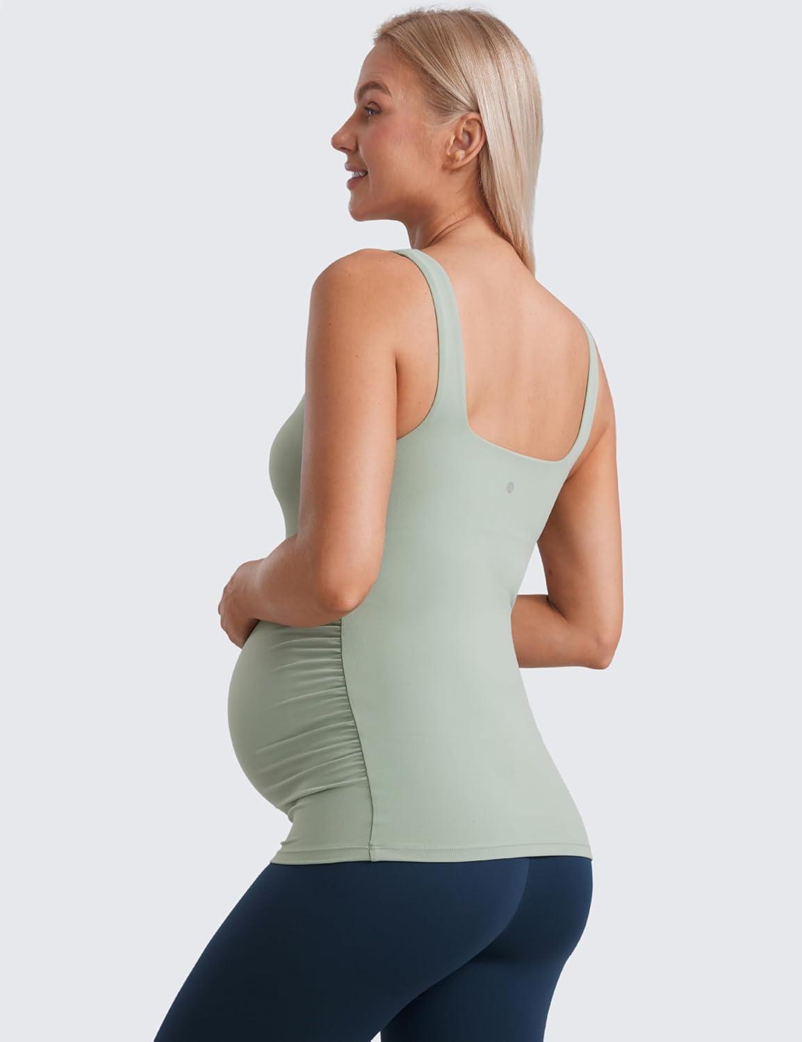 imageCRZ YOGA Butterluxe Maternity Square Neck Tank Tops Ruched Sleeveless Womens Pregnancy Yoga Tee Shirt with Built in BraGreen Palm Court