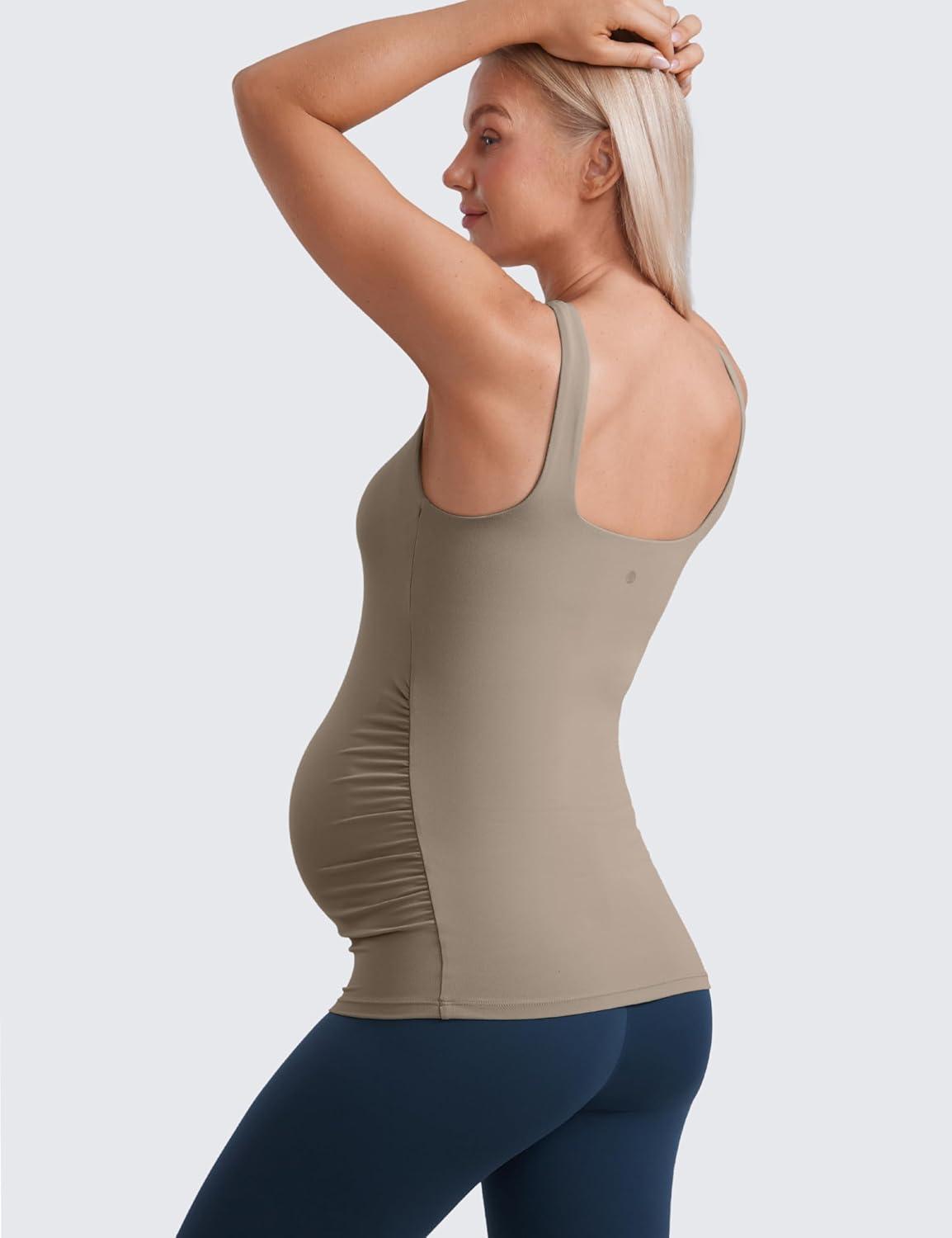imageCRZ YOGA Butterluxe Maternity Square Neck Tank Tops Ruched Sleeveless Womens Pregnancy Yoga Tee Shirt with Built in BraNomad Grey