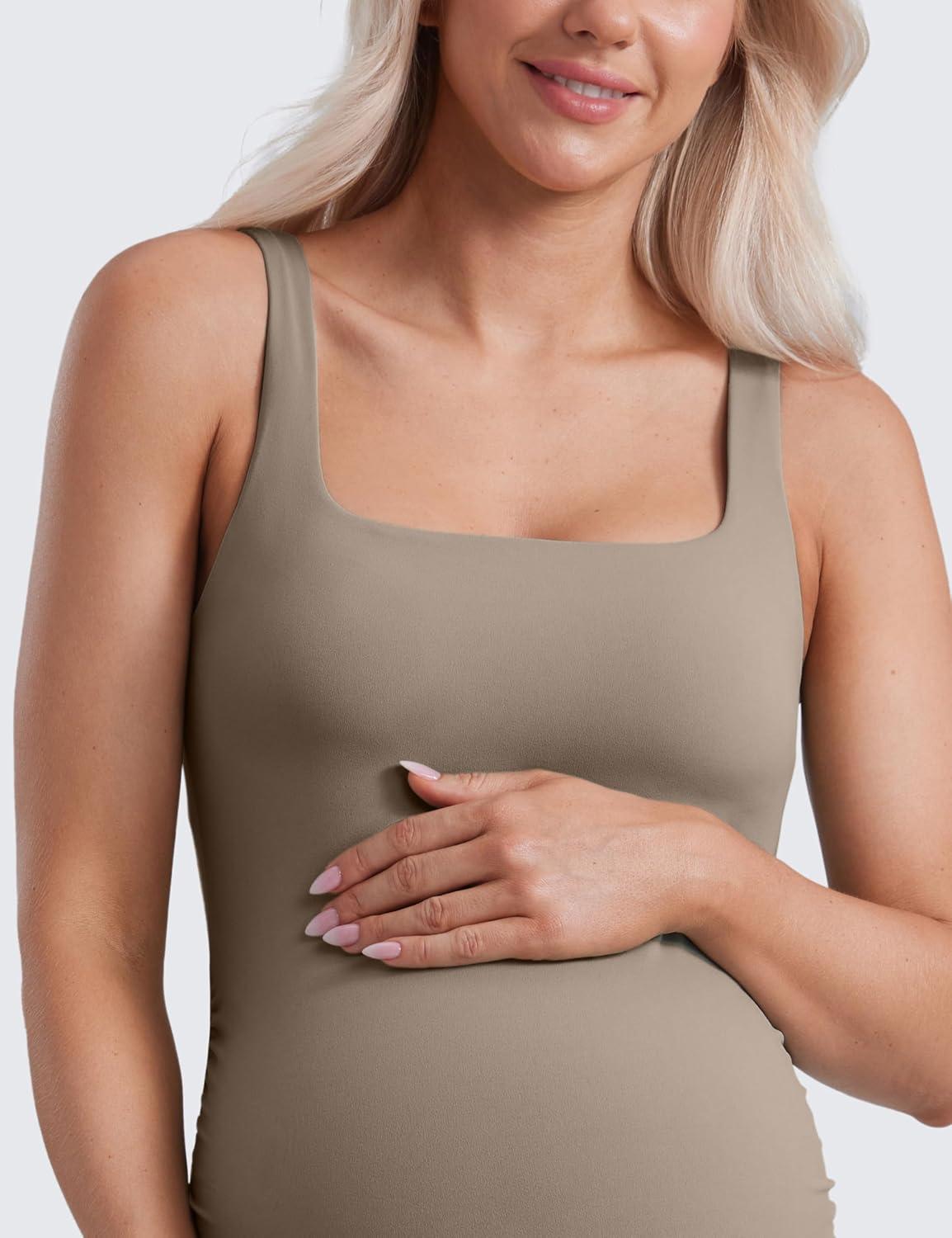 imageCRZ YOGA Butterluxe Maternity Square Neck Tank Tops Ruched Sleeveless Womens Pregnancy Yoga Tee Shirt with Built in BraNomad Grey