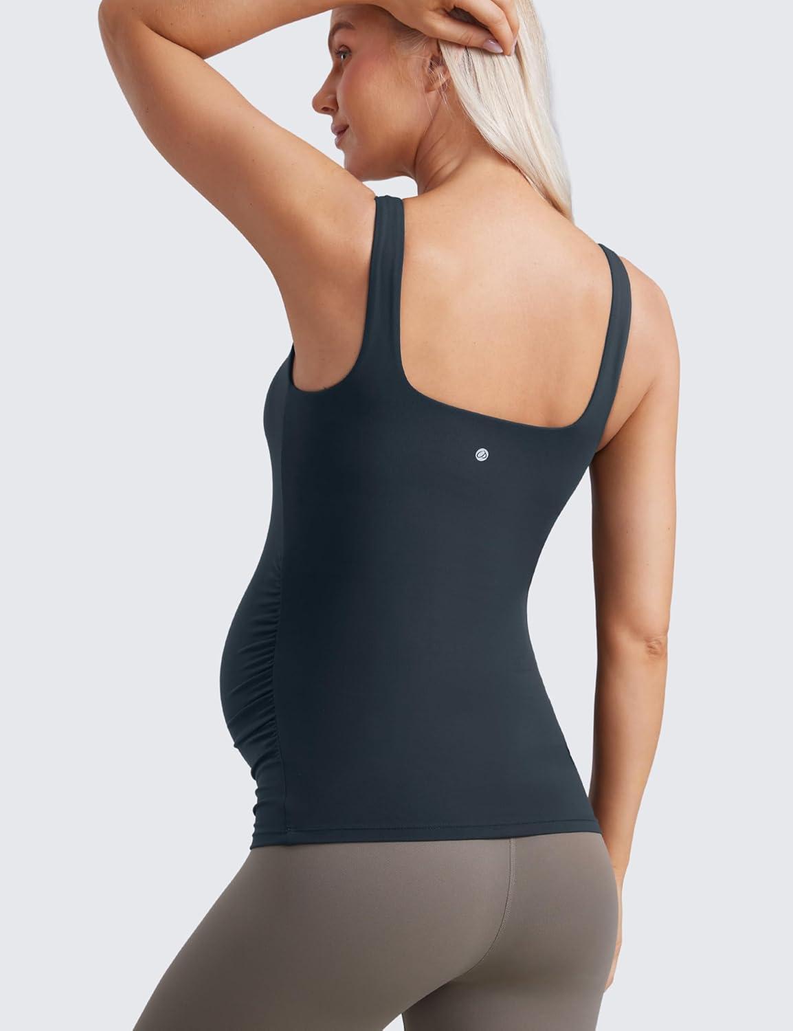 imageCRZ YOGA Butterluxe Maternity Square Neck Tank Tops Ruched Sleeveless Womens Pregnancy Yoga Tee Shirt with Built in BraTrue Navy