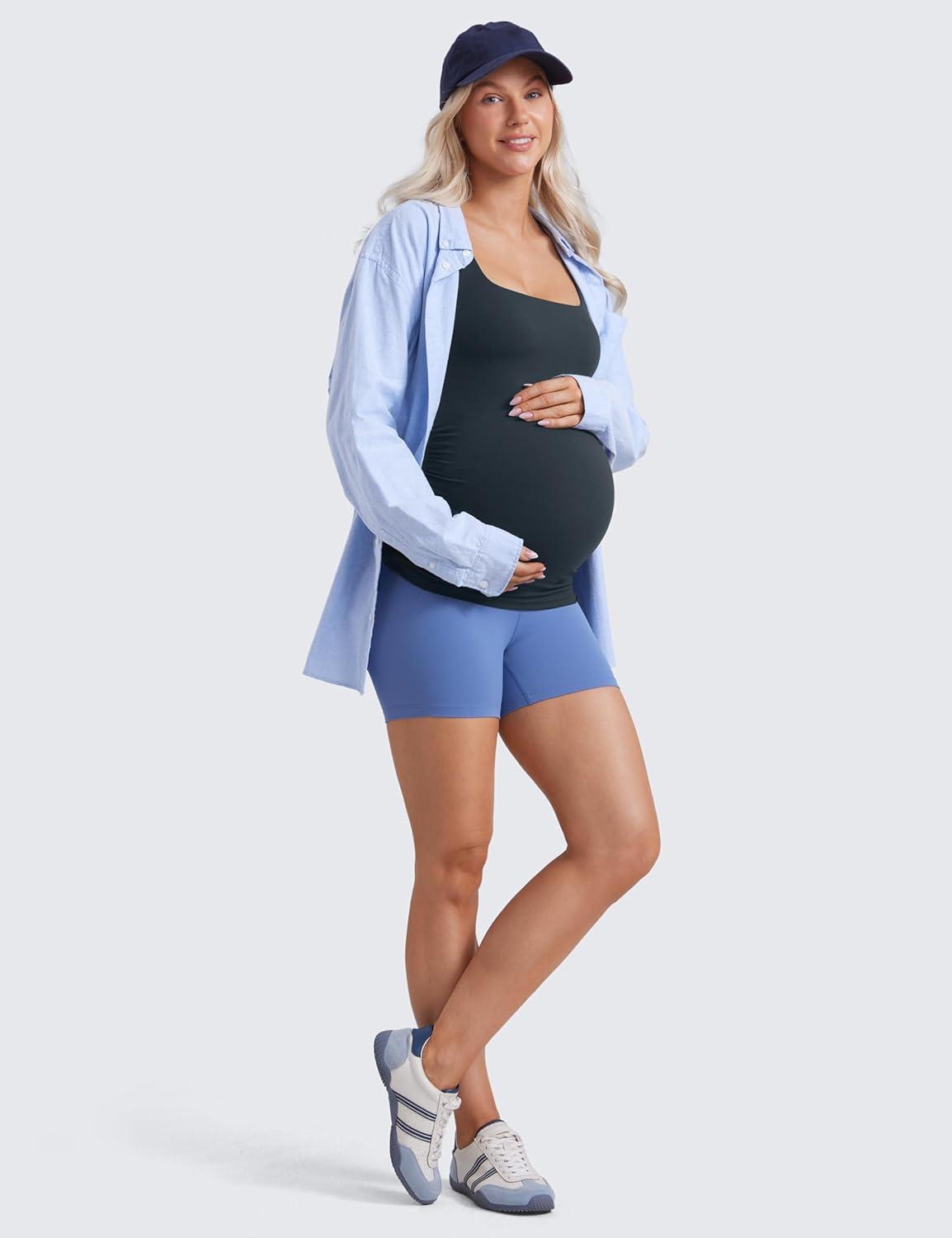 imageCRZ YOGA Butterluxe Maternity Square Neck Tank Tops Ruched Sleeveless Womens Pregnancy Yoga Tee Shirt with Built in BraTrue Navy