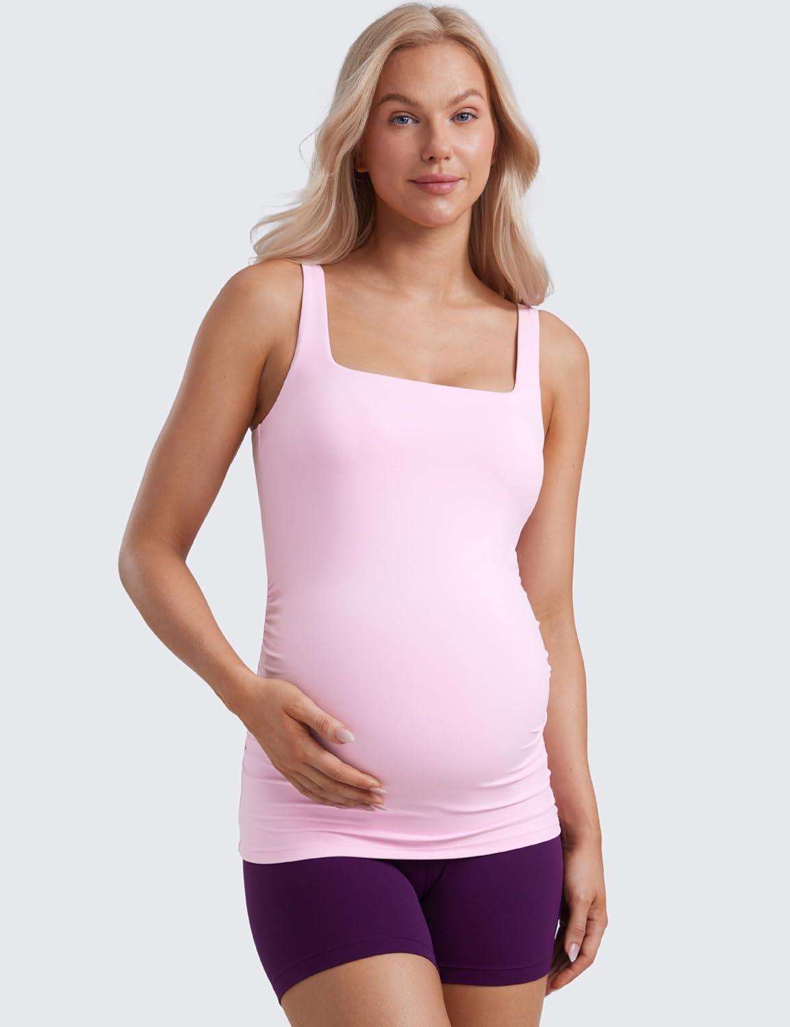 imageCRZ YOGA Butterluxe Maternity Square Neck Tank Tops Ruched Sleeveless Womens Pregnancy Yoga Tee Shirt with Built in BraVita Pink