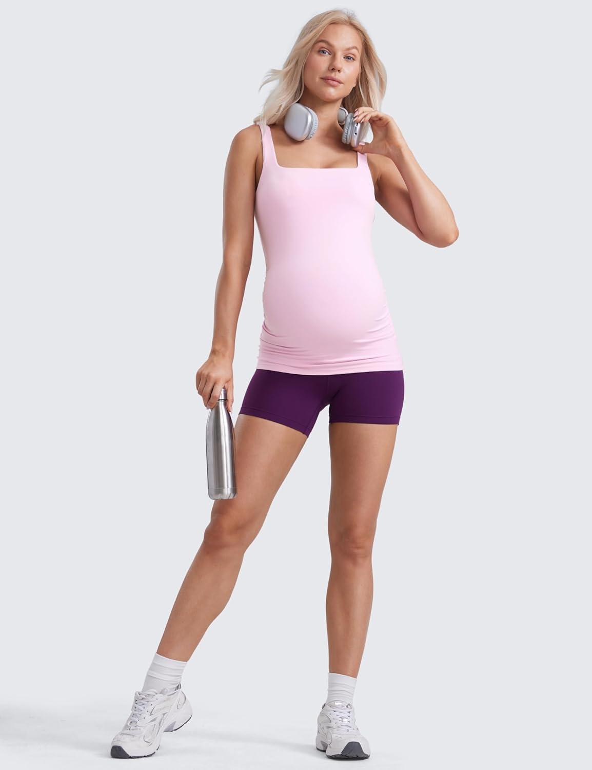 imageCRZ YOGA Butterluxe Maternity Square Neck Tank Tops Ruched Sleeveless Womens Pregnancy Yoga Tee Shirt with Built in BraVita Pink
