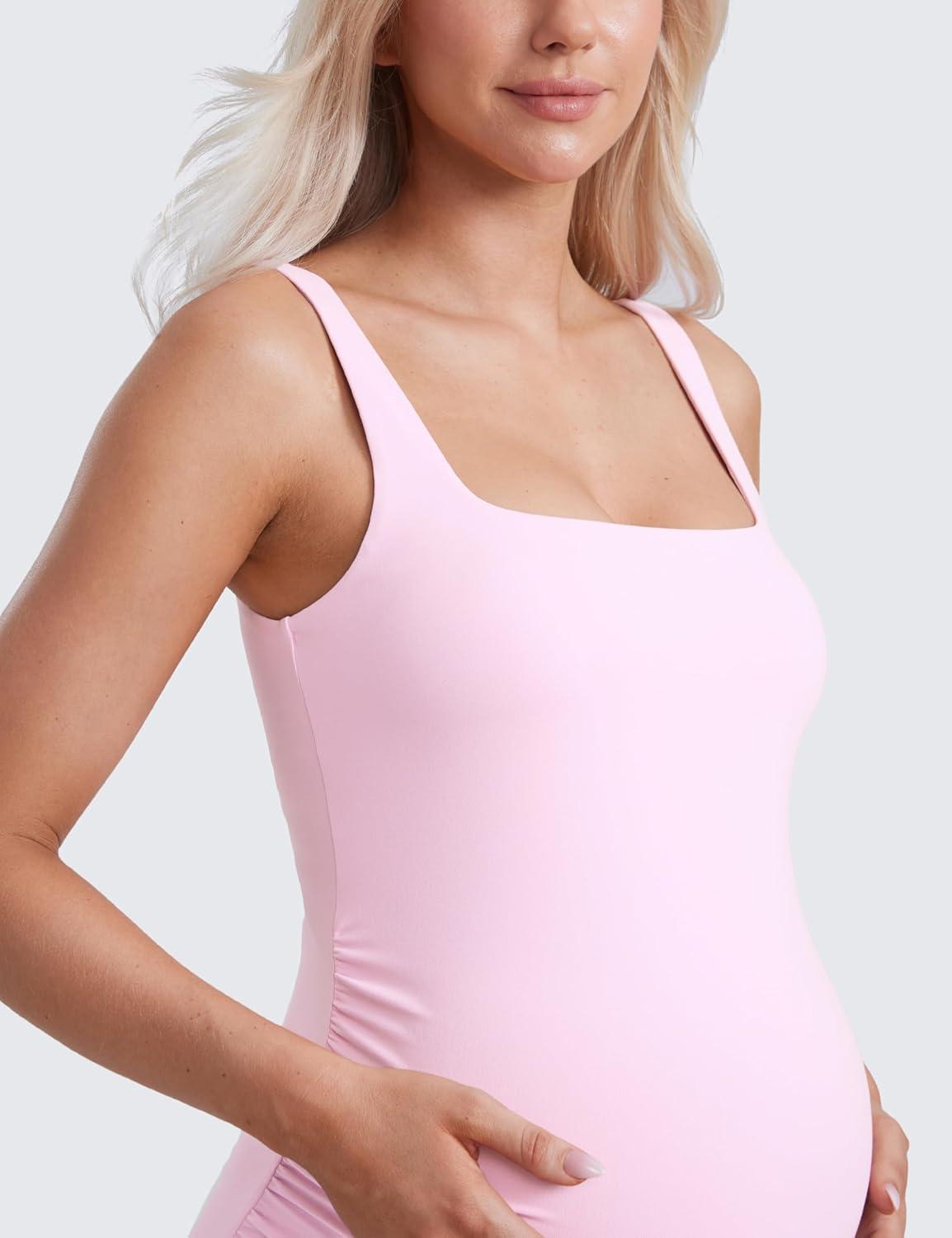 imageCRZ YOGA Butterluxe Maternity Square Neck Tank Tops Ruched Sleeveless Womens Pregnancy Yoga Tee Shirt with Built in BraVita Pink