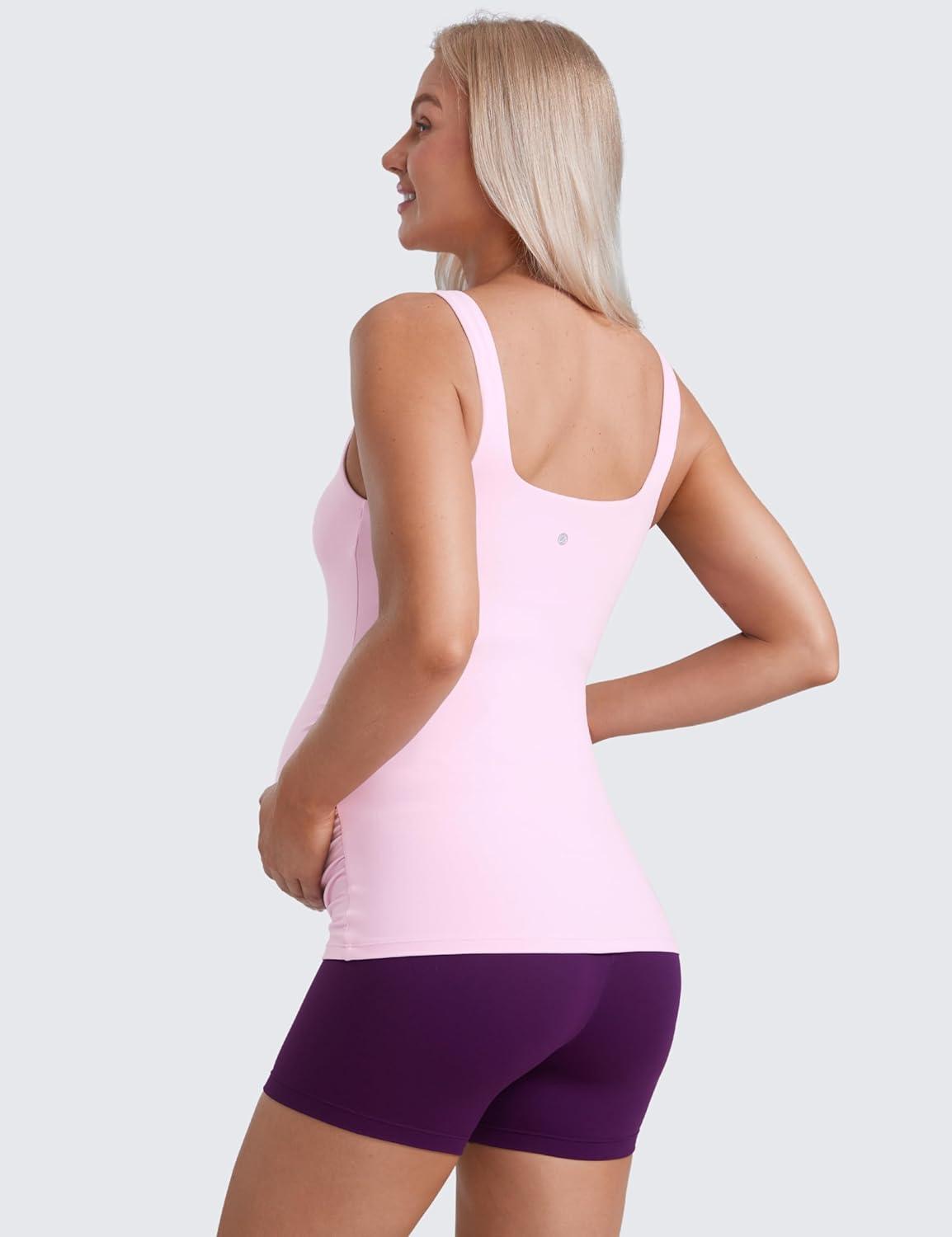 imageCRZ YOGA Butterluxe Maternity Square Neck Tank Tops Ruched Sleeveless Womens Pregnancy Yoga Tee Shirt with Built in BraVita Pink