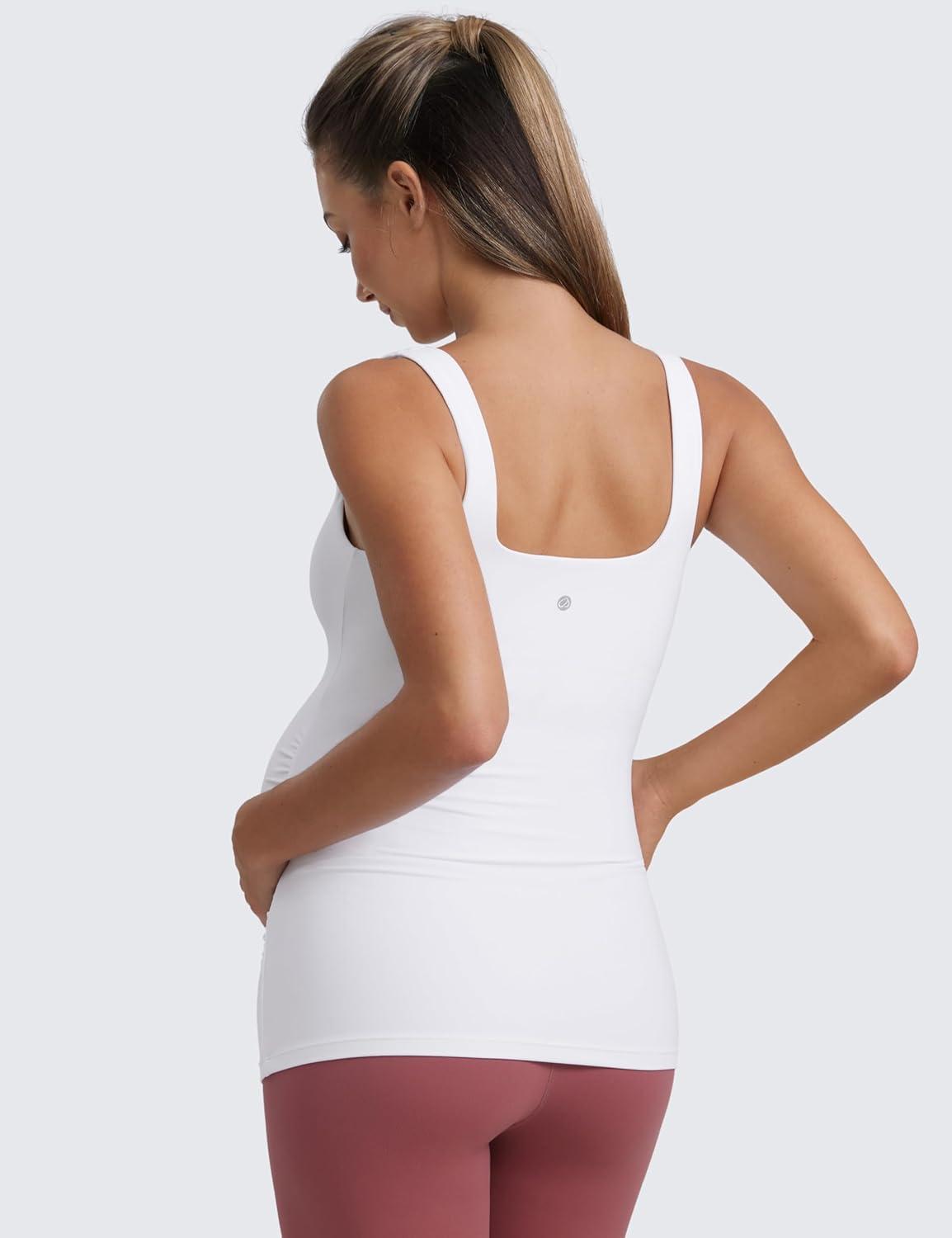 imageCRZ YOGA Butterluxe Maternity Square Neck Tank Tops Ruched Sleeveless Womens Pregnancy Yoga Tee Shirt with Built in BraWhite
