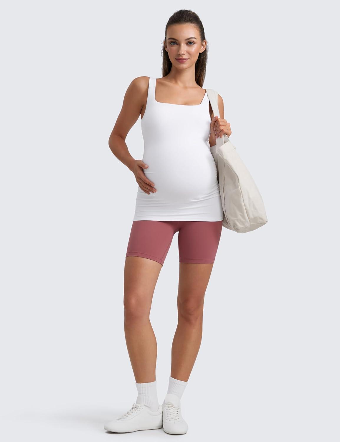 imageCRZ YOGA Butterluxe Maternity Square Neck Tank Tops Ruched Sleeveless Womens Pregnancy Yoga Tee Shirt with Built in BraWhite