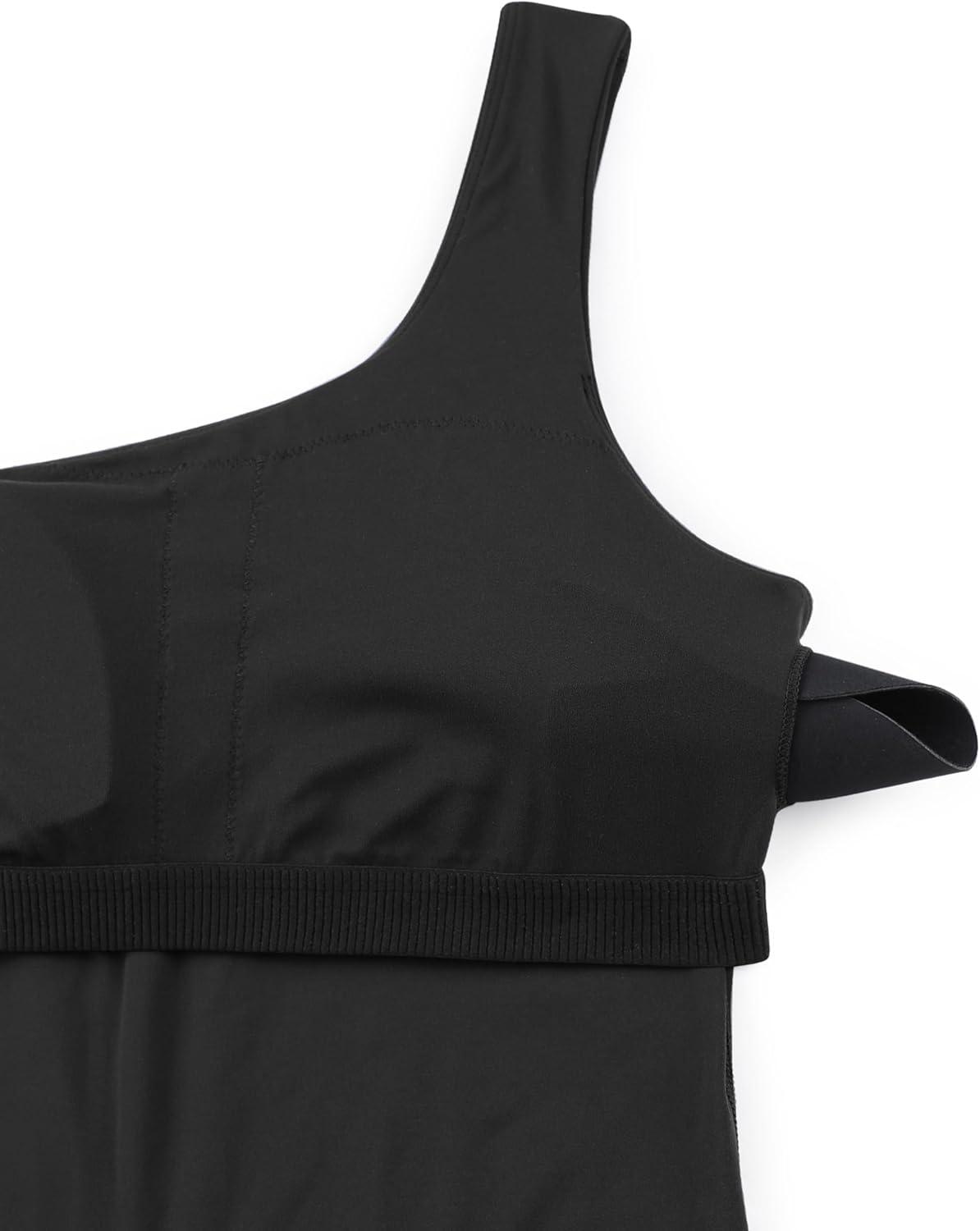 imageCRZ YOGA Butterluxe One Shoulder Athletic Rompers for Women Removable Padded Shorts Jumpsuit One Piece Stretchy BodysuitBlack