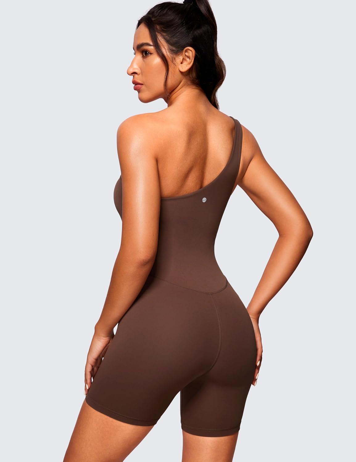 imageCRZ YOGA Butterluxe One Shoulder Athletic Rompers for Women Removable Padded Shorts Jumpsuit One Piece Stretchy BodysuitCoffee Brown