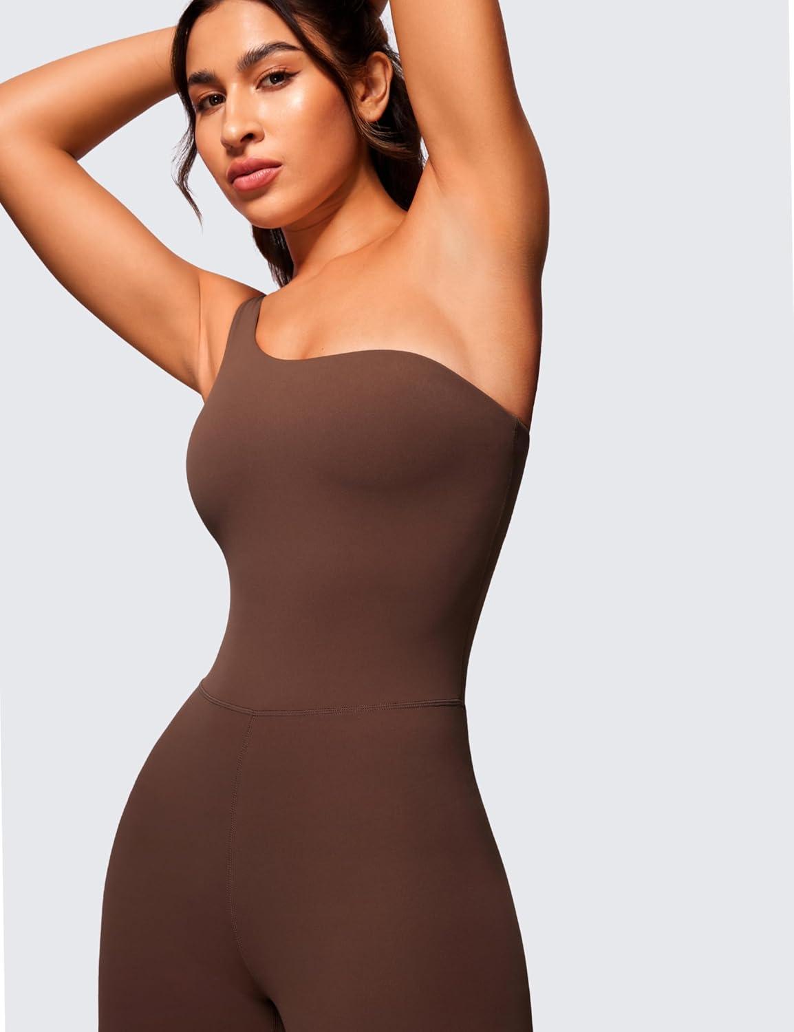 imageCRZ YOGA Butterluxe One Shoulder Athletic Rompers for Women Removable Padded Shorts Jumpsuit One Piece Stretchy BodysuitCoffee Brown