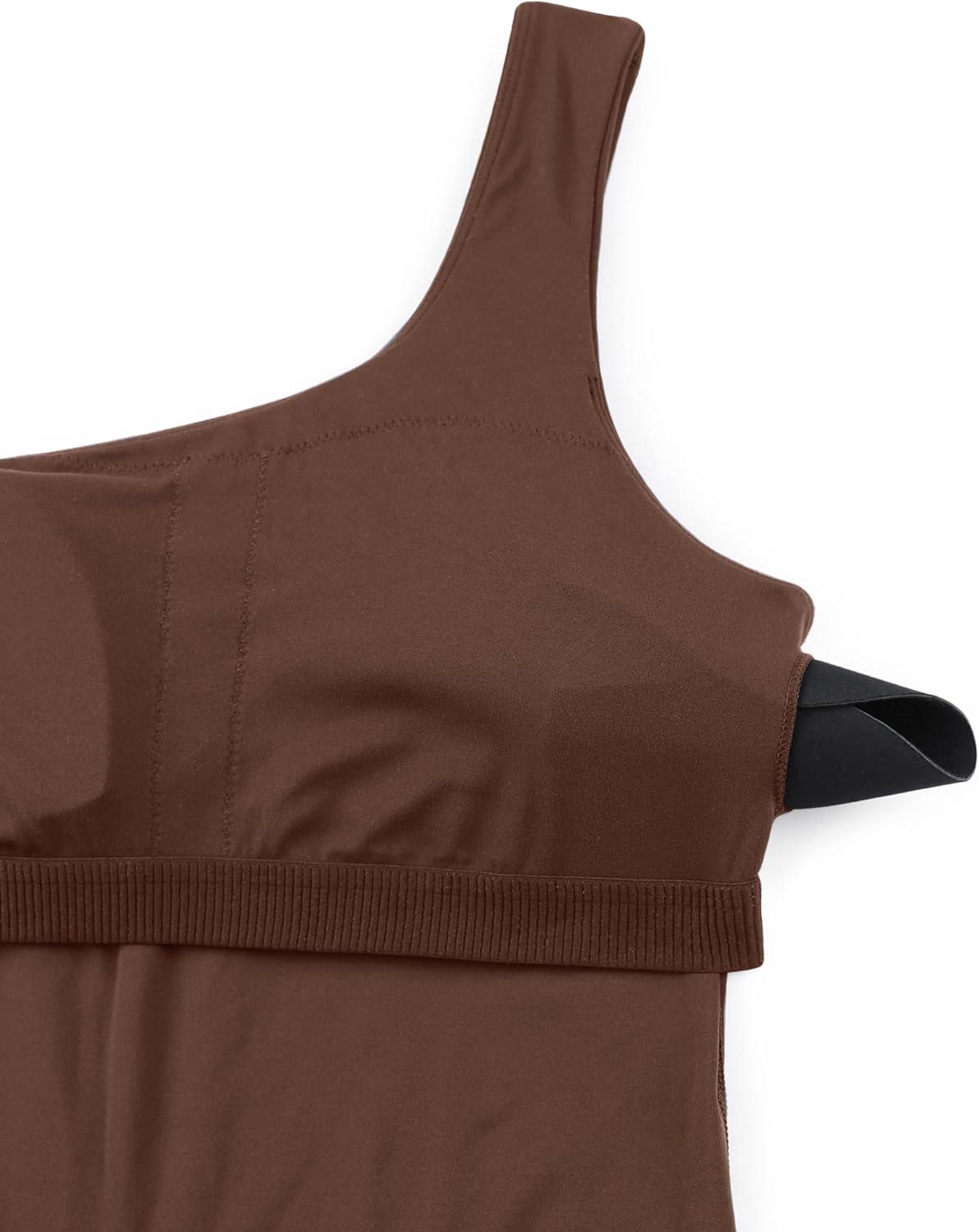 imageCRZ YOGA Butterluxe One Shoulder Athletic Rompers for Women Removable Padded Shorts Jumpsuit One Piece Stretchy BodysuitCoffee Brown