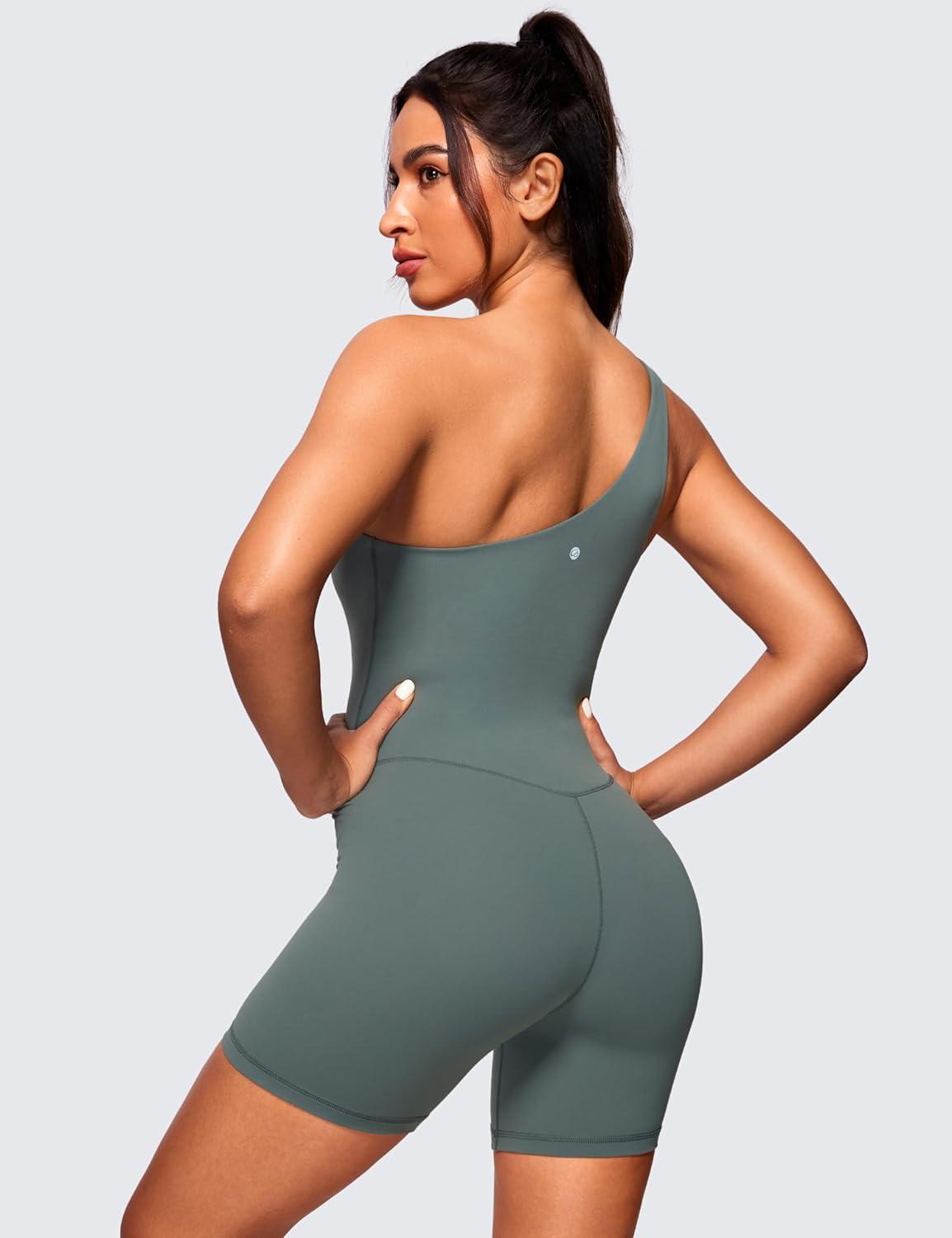 imageCRZ YOGA Butterluxe One Shoulder Athletic Rompers for Women Removable Padded Shorts Jumpsuit One Piece Stretchy BodysuitGrey Sage