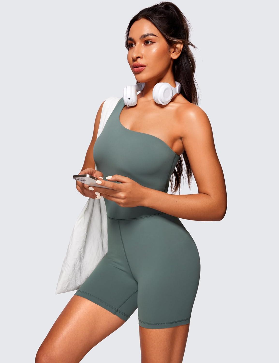 imageCRZ YOGA Butterluxe One Shoulder Athletic Rompers for Women Removable Padded Shorts Jumpsuit One Piece Stretchy BodysuitGrey Sage