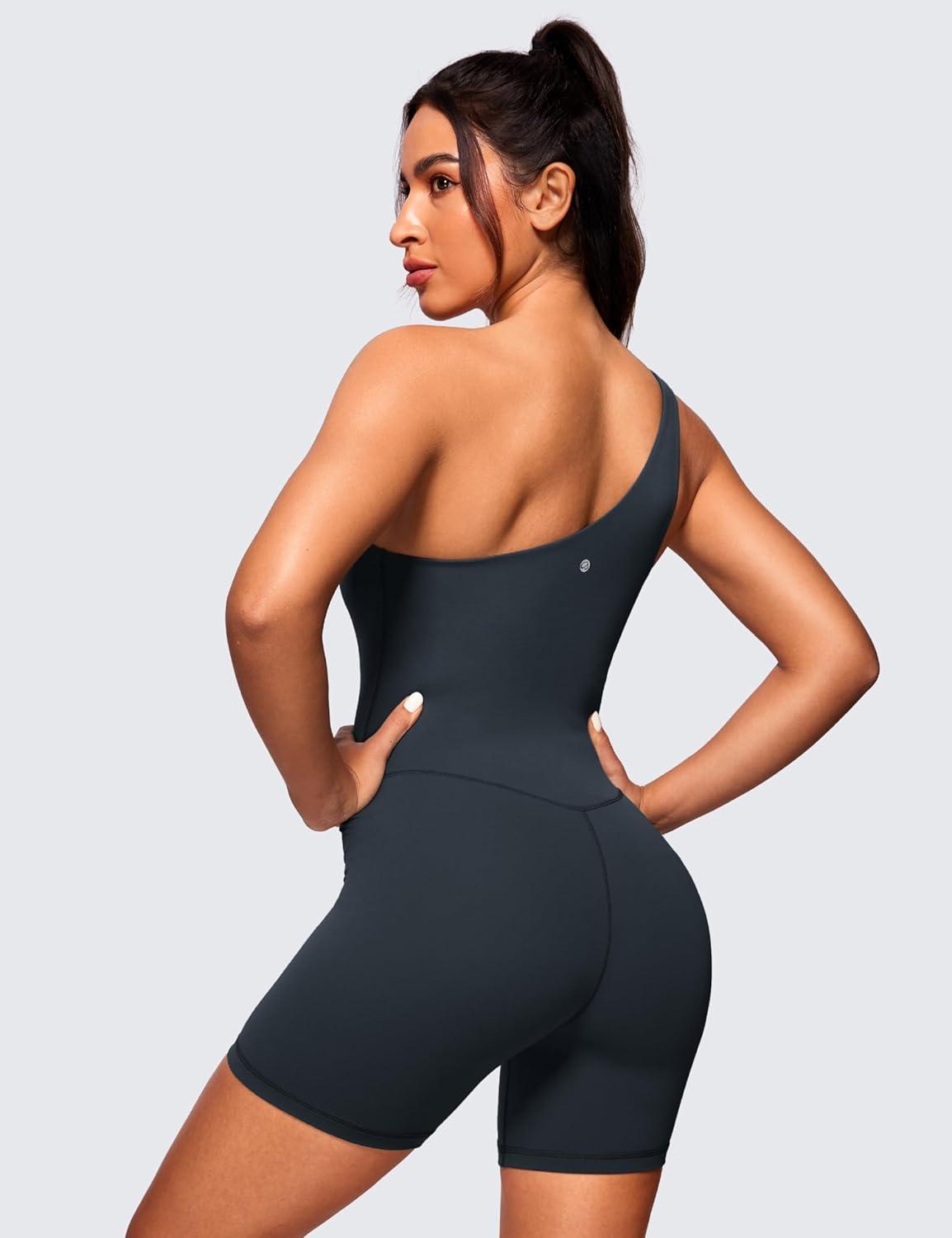 imageCRZ YOGA Butterluxe One Shoulder Athletic Rompers for Women Removable Padded Shorts Jumpsuit One Piece Stretchy BodysuitTrue Navy