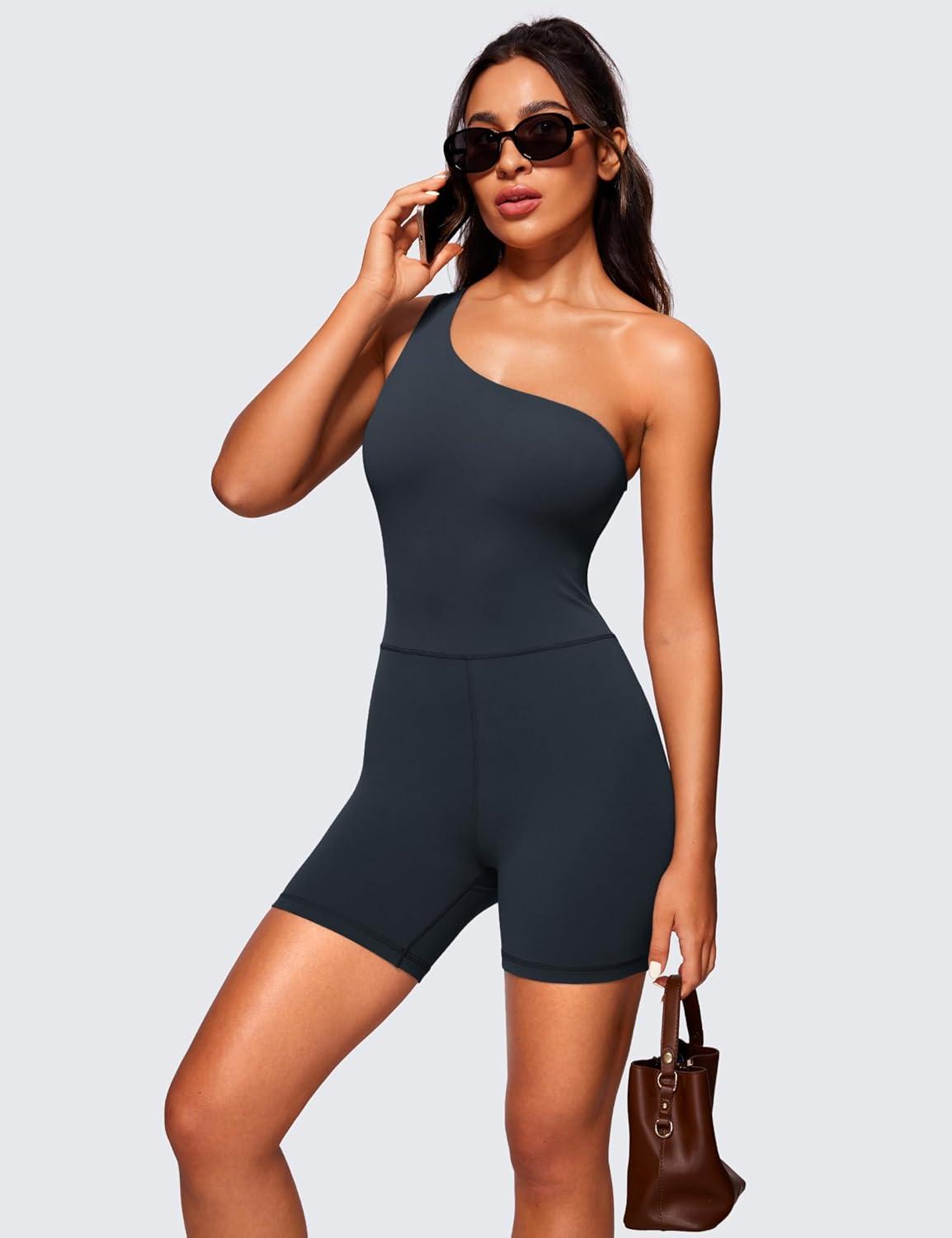 imageCRZ YOGA Butterluxe One Shoulder Athletic Rompers for Women Removable Padded Shorts Jumpsuit One Piece Stretchy BodysuitTrue Navy