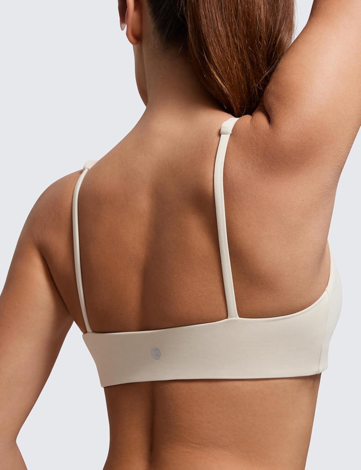 imageCRZ YOGA Butterluxe Square Neck Sports Bras for Women Spaghetti Strap Yoga Wireless Low Coverage Padded Cami Crop TopMojave Tan