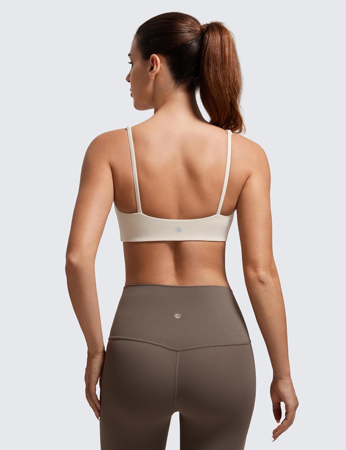 imageCRZ YOGA Butterluxe Square Neck Sports Bras for Women Spaghetti Strap Yoga Wireless Low Coverage Padded Cami Crop TopMojave Tan