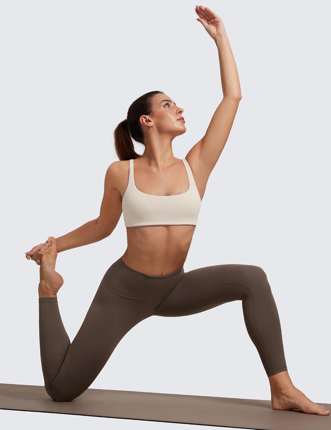 imageCRZ YOGA Butterluxe Square Neck Sports Bras for Women Spaghetti Strap Yoga Wireless Low Coverage Padded Cami Crop TopMojave Tan