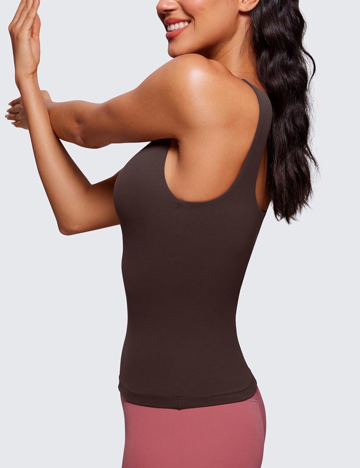 imageCRZ YOGA Butterluxe U Neck Tank Tops for Women Padded Athletic Workout Camisole Crop Tops with Built in BraHot Fudge Brown