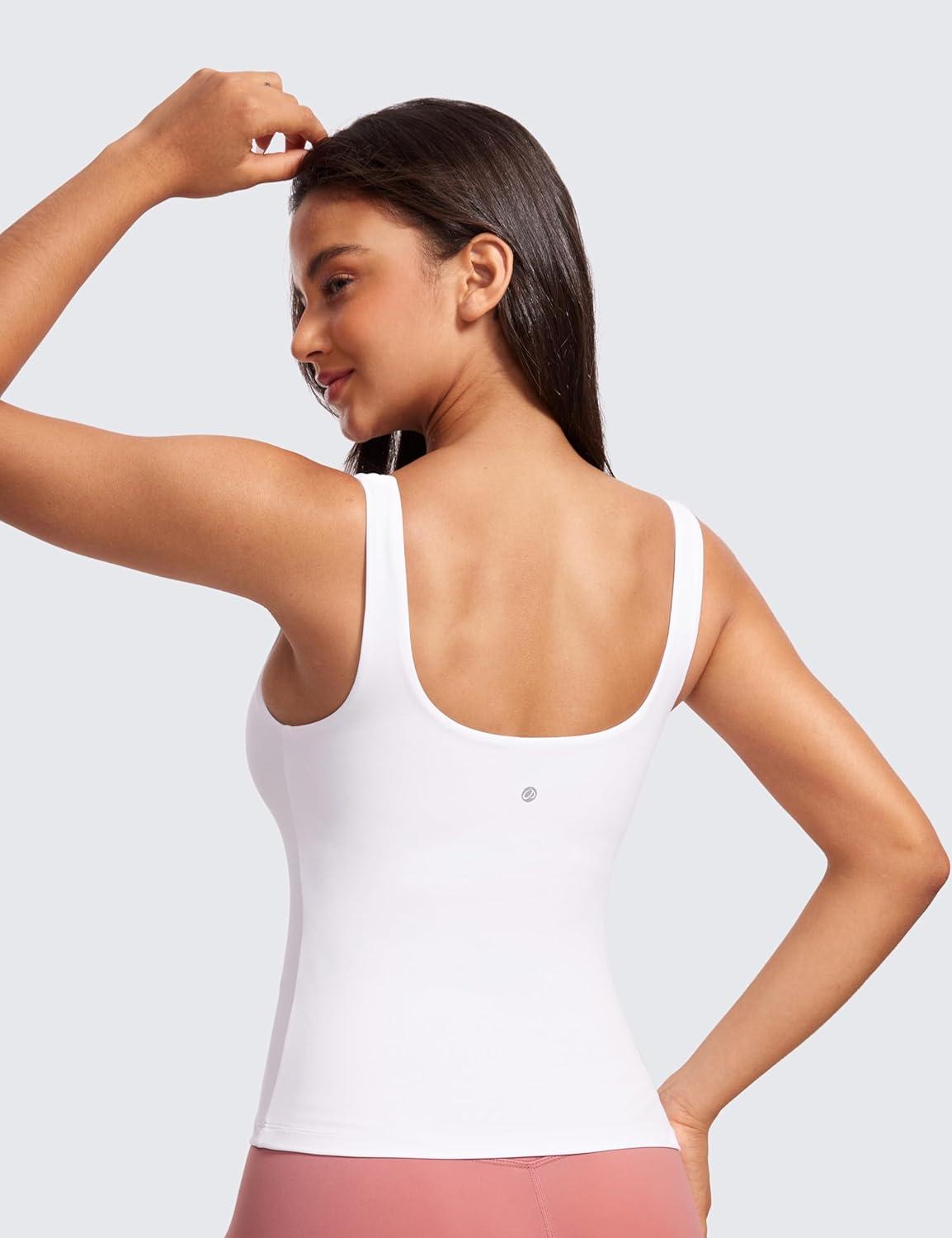 imageCRZ YOGA Butterluxe U Neck Tank Tops for Women Padded Athletic Workout Camisole Crop Tops with Built in BraWhite