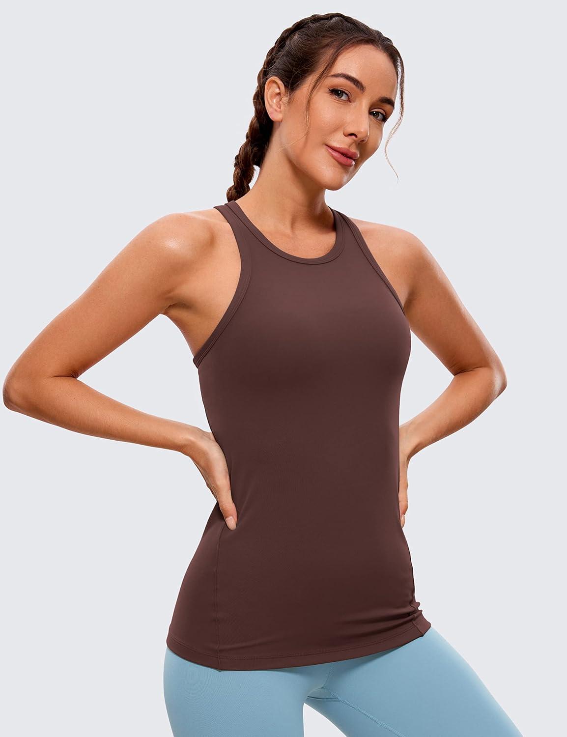 imageCRZ YOGA Butterluxe Womens Workout Racerback Sleeveless Tops High Neck Athletic Camisole Tanks Running Gym Yoga ShirtsTaupe