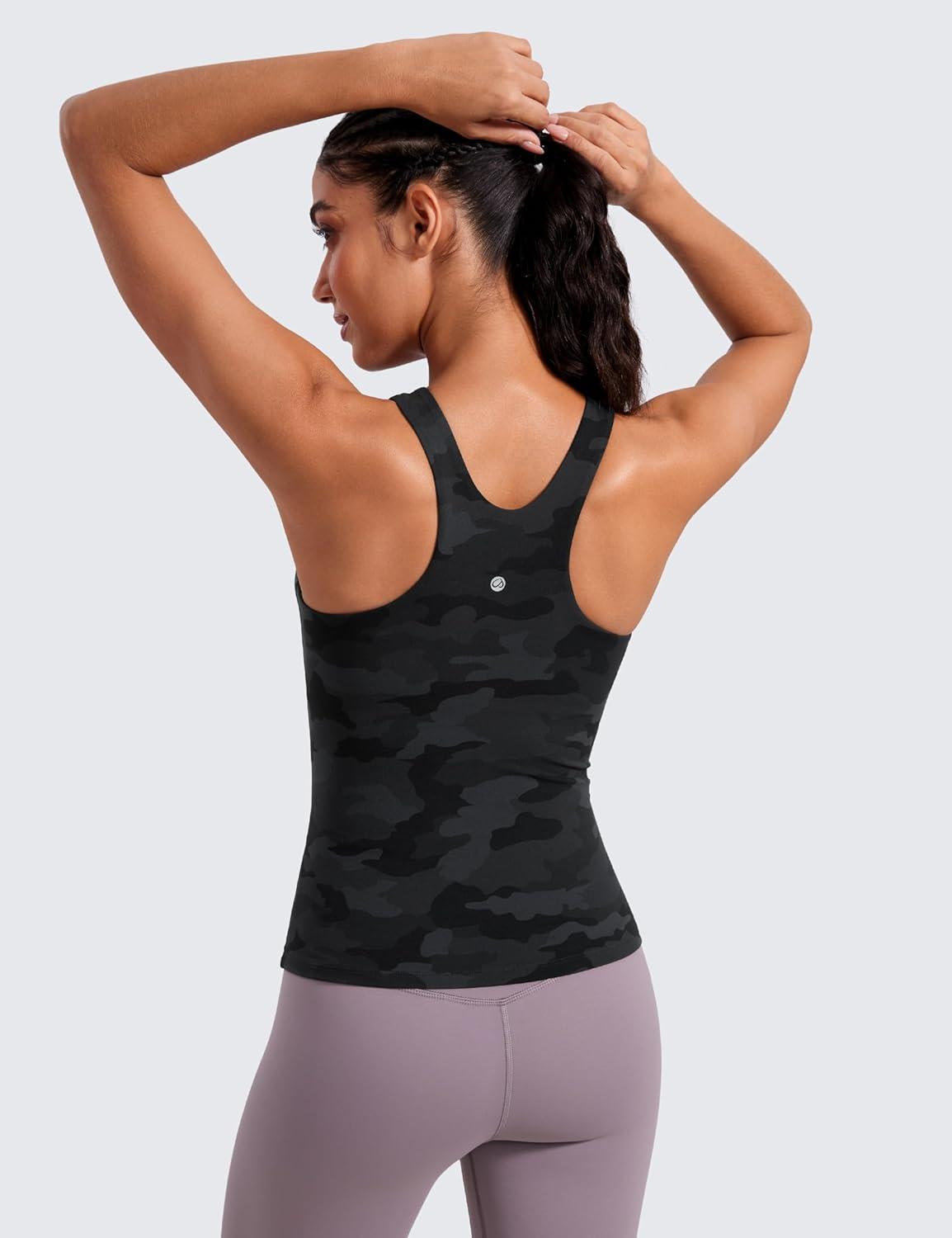 imageCRZ YOGA Butterluxe Workout Tank Tops for Women Racerback Padded High Neck Yoga Athletic Shirt with Built in BraDark Grey Camouflage 2