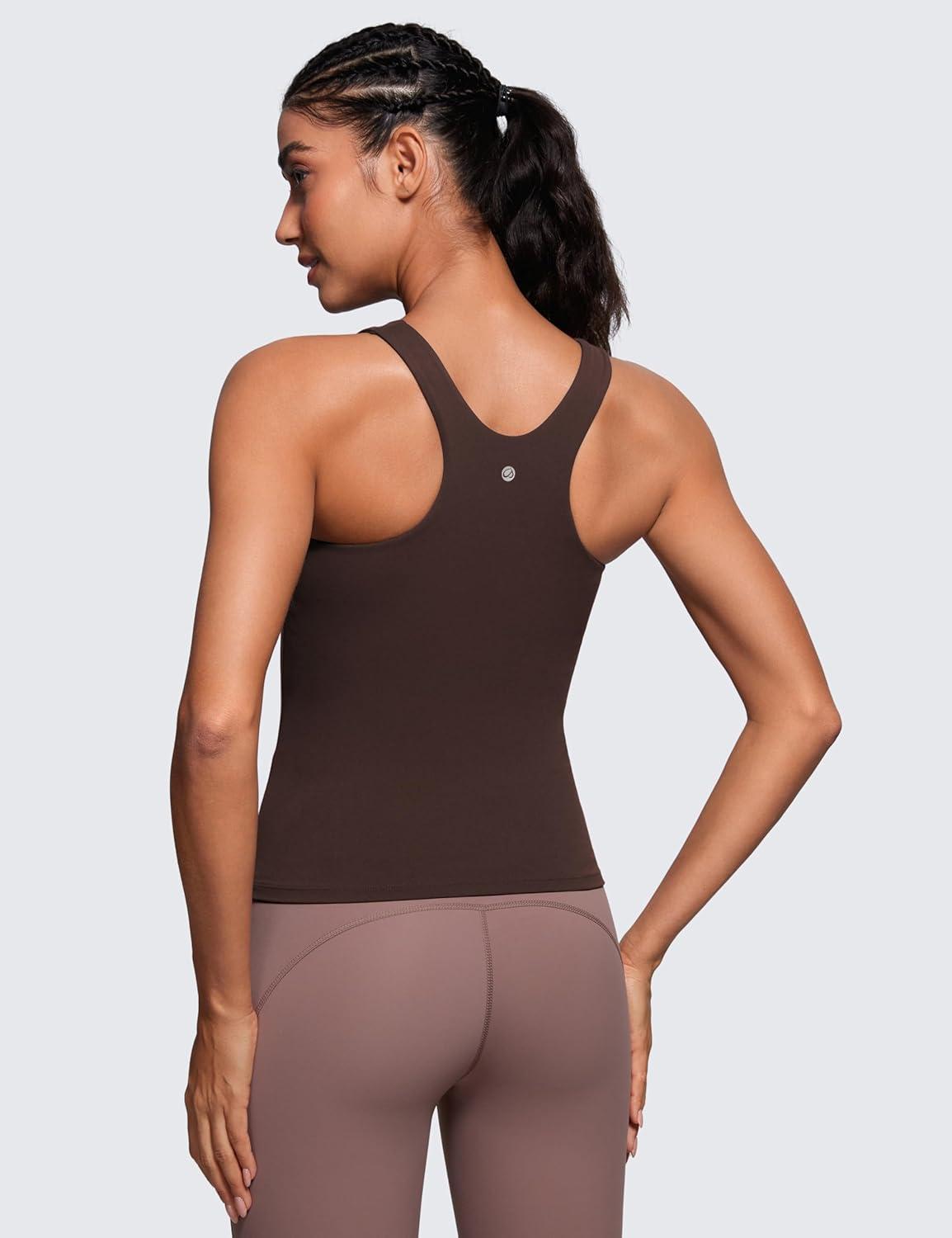 imageCRZ YOGA Butterluxe Workout Tank Tops for Women Racerback Padded High Neck Yoga Athletic Shirt with Built in BraHot Fudge Brown