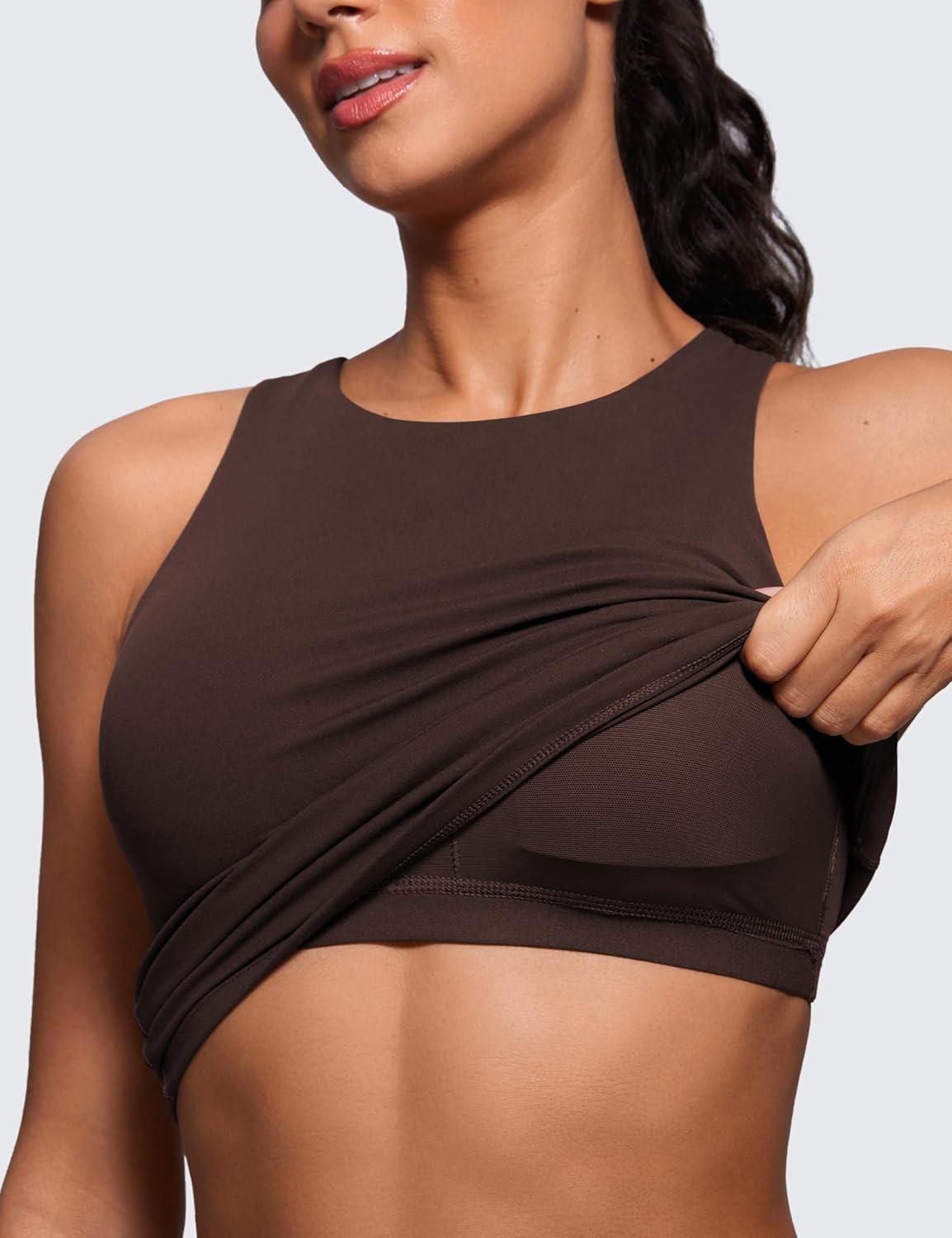 imageCRZ YOGA Butterluxe Workout Tank Tops for Women Racerback Padded High Neck Yoga Athletic Shirt with Built in BraHot Fudge Brown