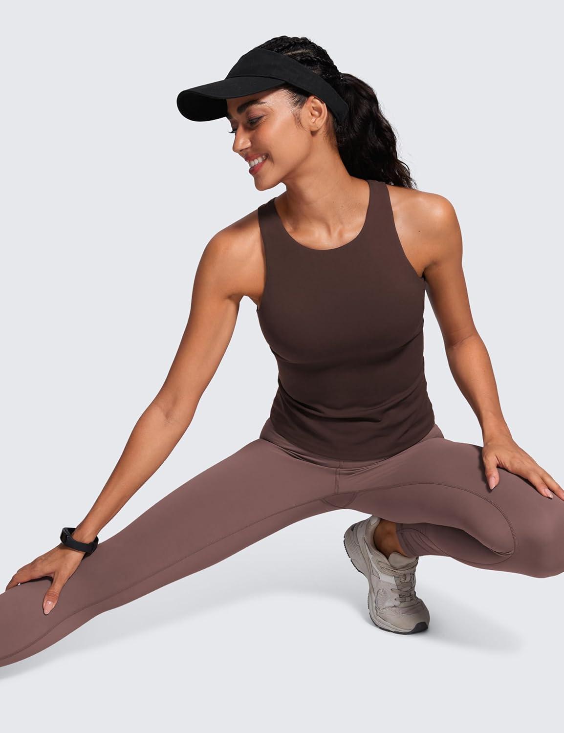 imageCRZ YOGA Butterluxe Workout Tank Tops for Women Racerback Padded High Neck Yoga Athletic Shirt with Built in BraHot Fudge Brown