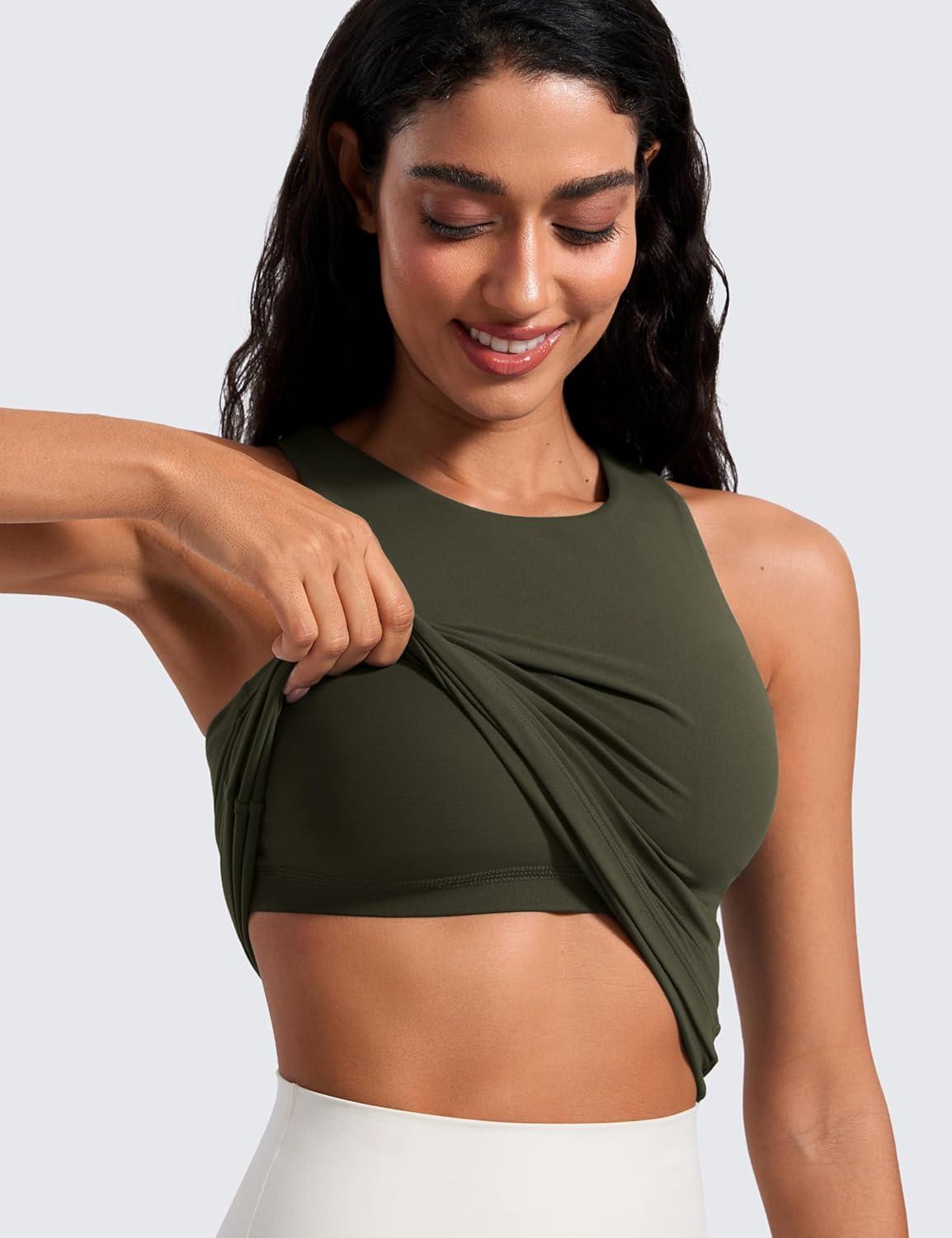 imageCRZ YOGA Butterluxe Workout Tank Tops for Women Racerback Padded High Neck Yoga Athletic Shirt with Built in BraOlive Green