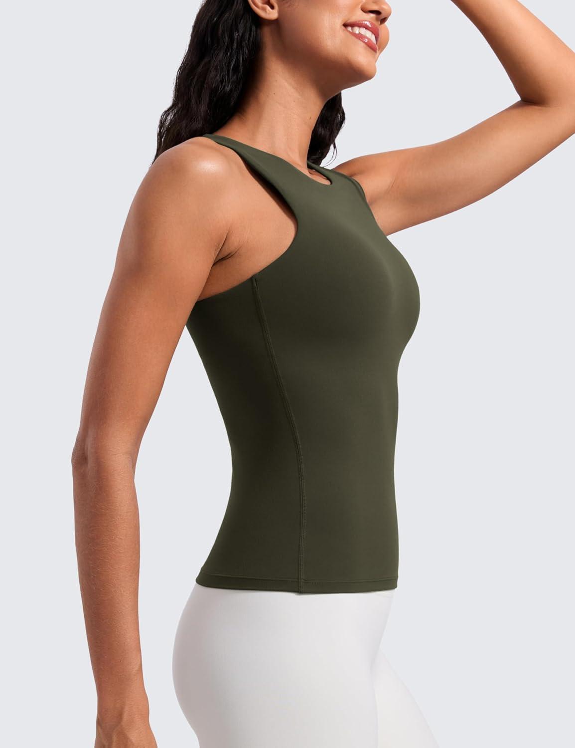 imageCRZ YOGA Butterluxe Workout Tank Tops for Women Racerback Padded High Neck Yoga Athletic Shirt with Built in BraOlive Green