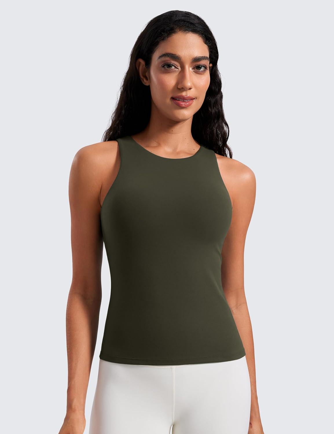 imageCRZ YOGA Butterluxe Workout Tank Tops for Women Racerback Padded High Neck Yoga Athletic Shirt with Built in BraOlive Green