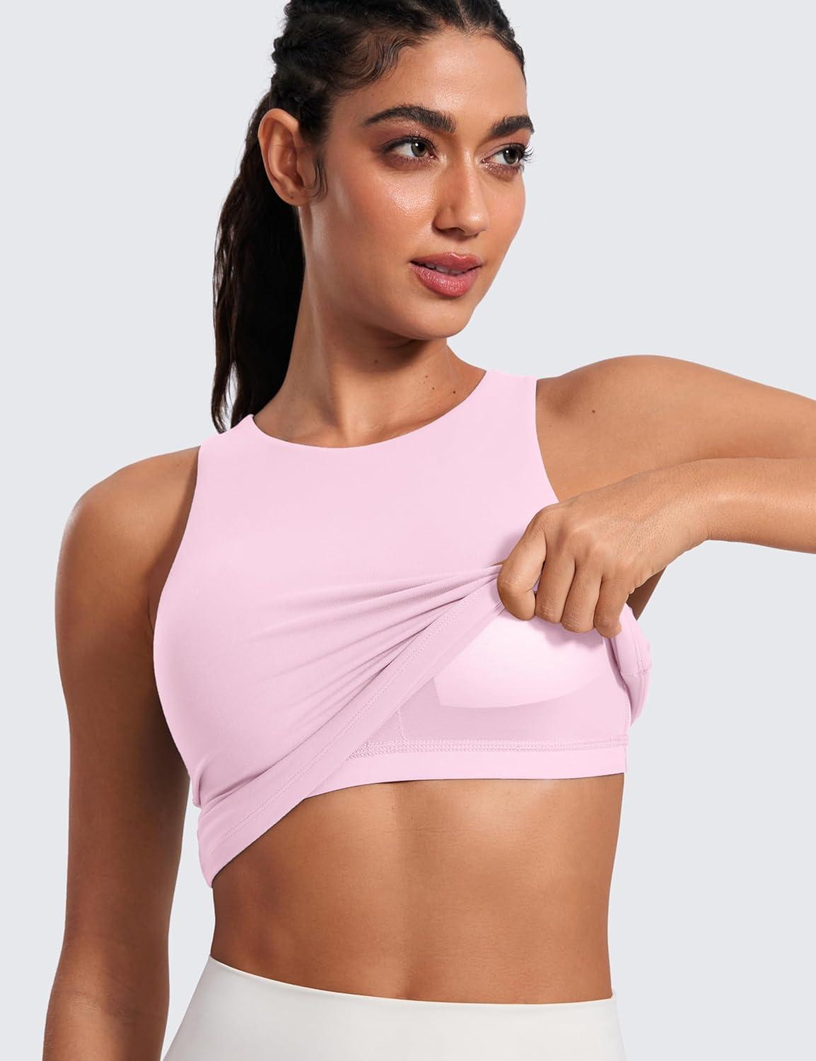 imageCRZ YOGA Butterluxe Workout Tank Tops for Women Racerback Padded High Neck Yoga Athletic Shirt with Built in BraPink Peony