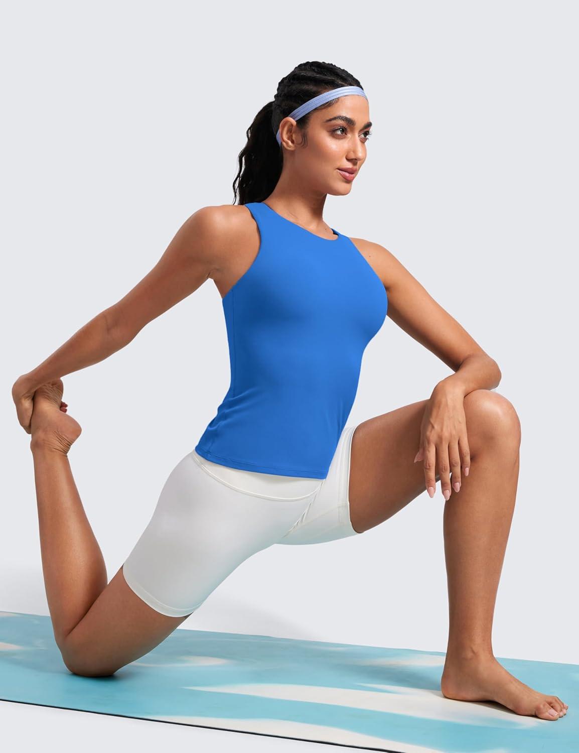 imageCRZ YOGA Butterluxe Workout Tank Tops for Women Racerback Padded High Neck Yoga Athletic Shirt with Built in BraSparkle Blue