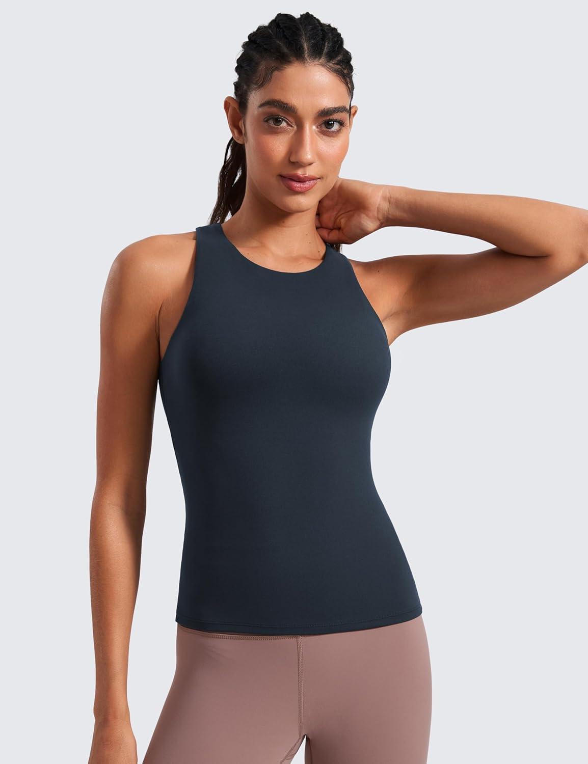 imageCRZ YOGA Butterluxe Workout Tank Tops for Women Racerback Padded High Neck Yoga Athletic Shirt with Built in BraTrue Navy