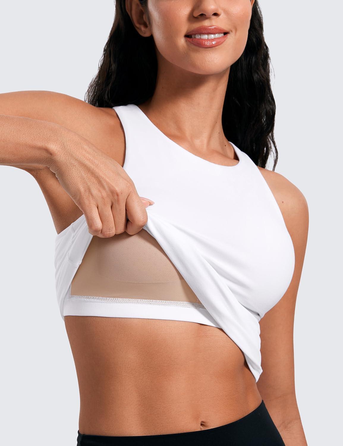 imageCRZ YOGA Butterluxe Workout Tank Tops for Women Racerback Padded High Neck Yoga Athletic Shirt with Built in BraWhite