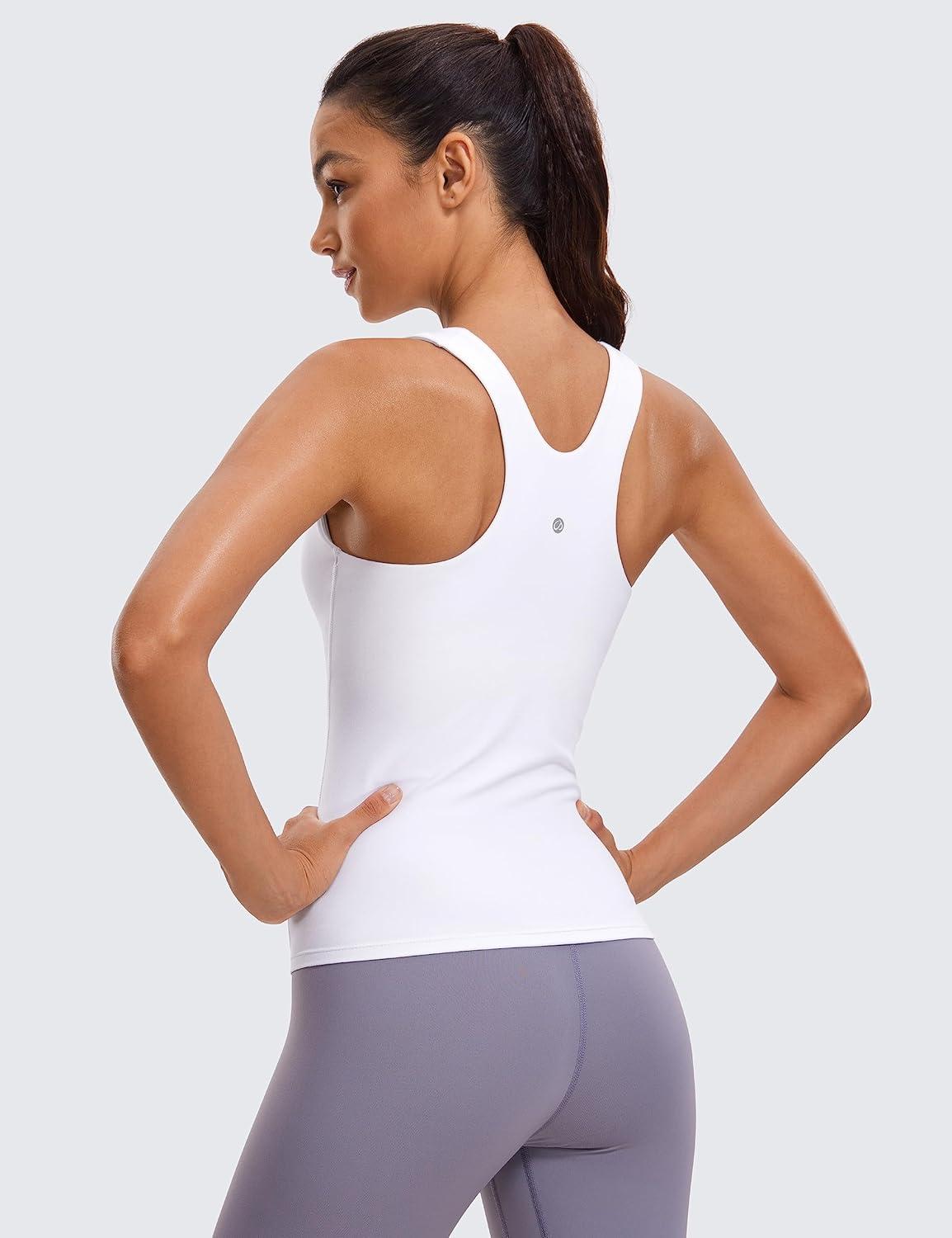 imageCRZ YOGA Butterluxe Workout Tank Tops for Women Racerback Padded High Neck Yoga Athletic Shirt with Built in BraWhite