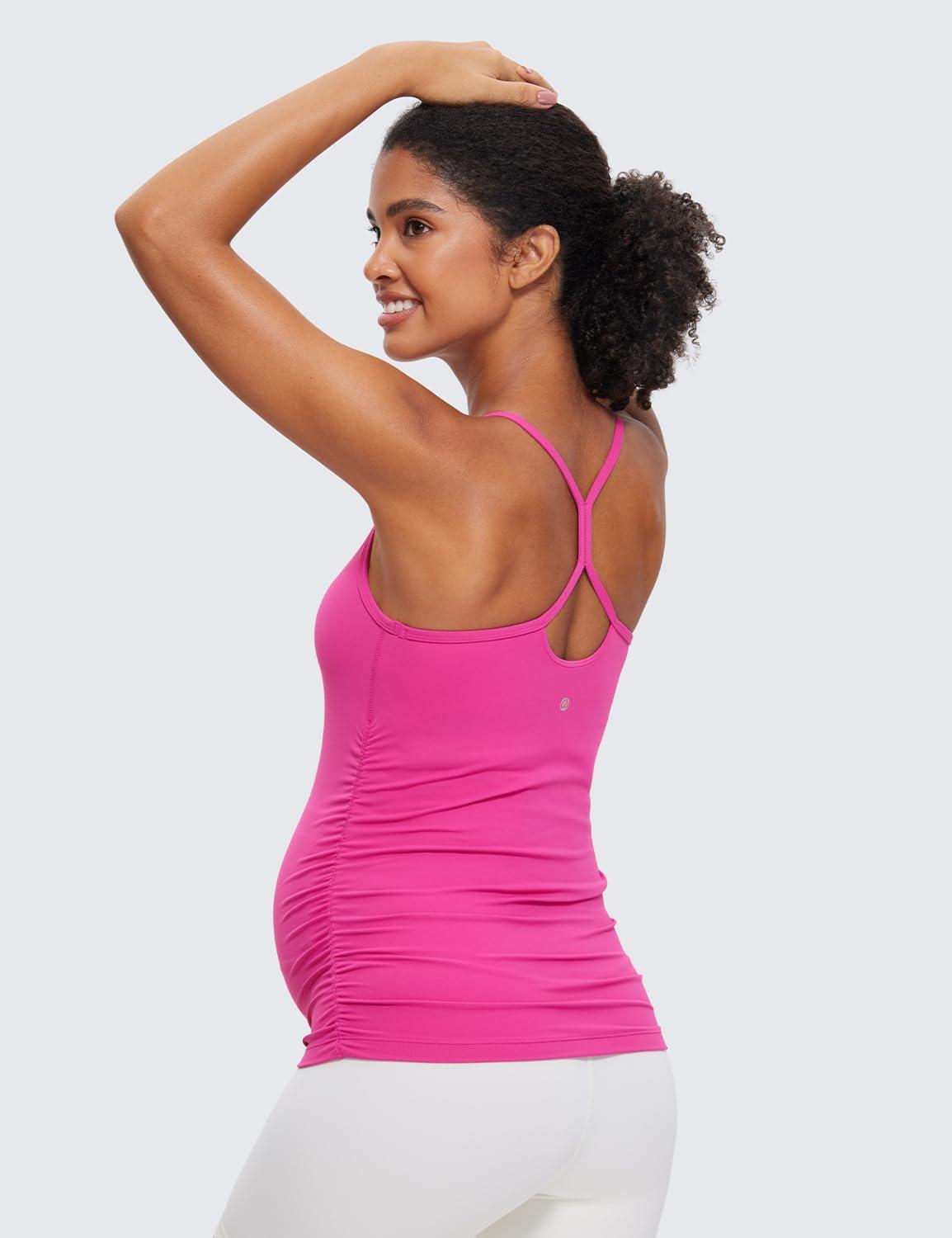 imageCRZ YOGA Butterluxe Y Back Maternity Tank Tops for Women Ruched Pregnancy Basic Camisole Sleeveless Athletic Yoga ShirtsHibiscus Purple