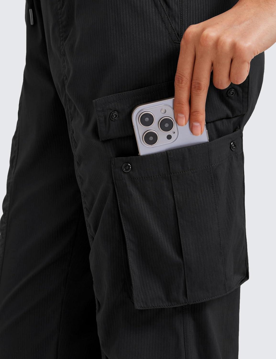 imageCRZ YOGA Cargo Joggers for Women Lightweight Ruched Workout Casual Travel Athletic Hiking Pants with PocketsBlack