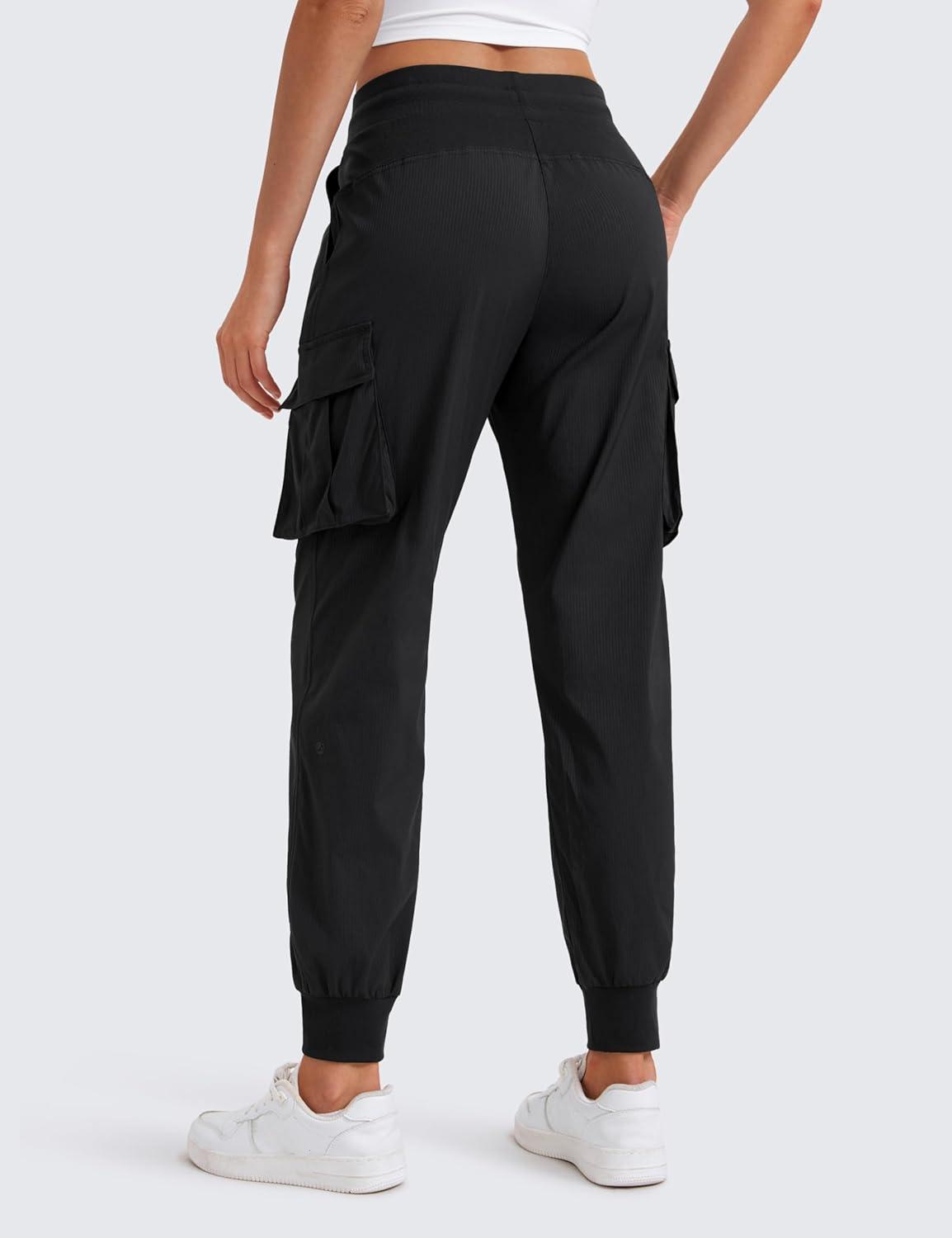 imageCRZ YOGA Cargo Joggers for Women Lightweight Ruched Workout Casual Travel Athletic Hiking Pants with PocketsBlack