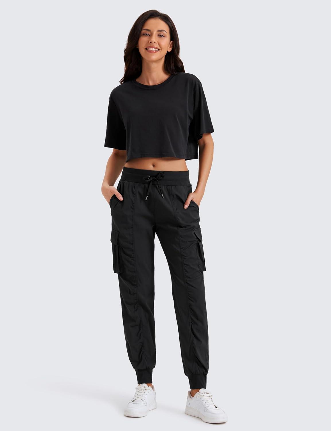 imageCRZ YOGA Cargo Joggers for Women Lightweight Ruched Workout Casual Travel Athletic Hiking Pants with PocketsBlack