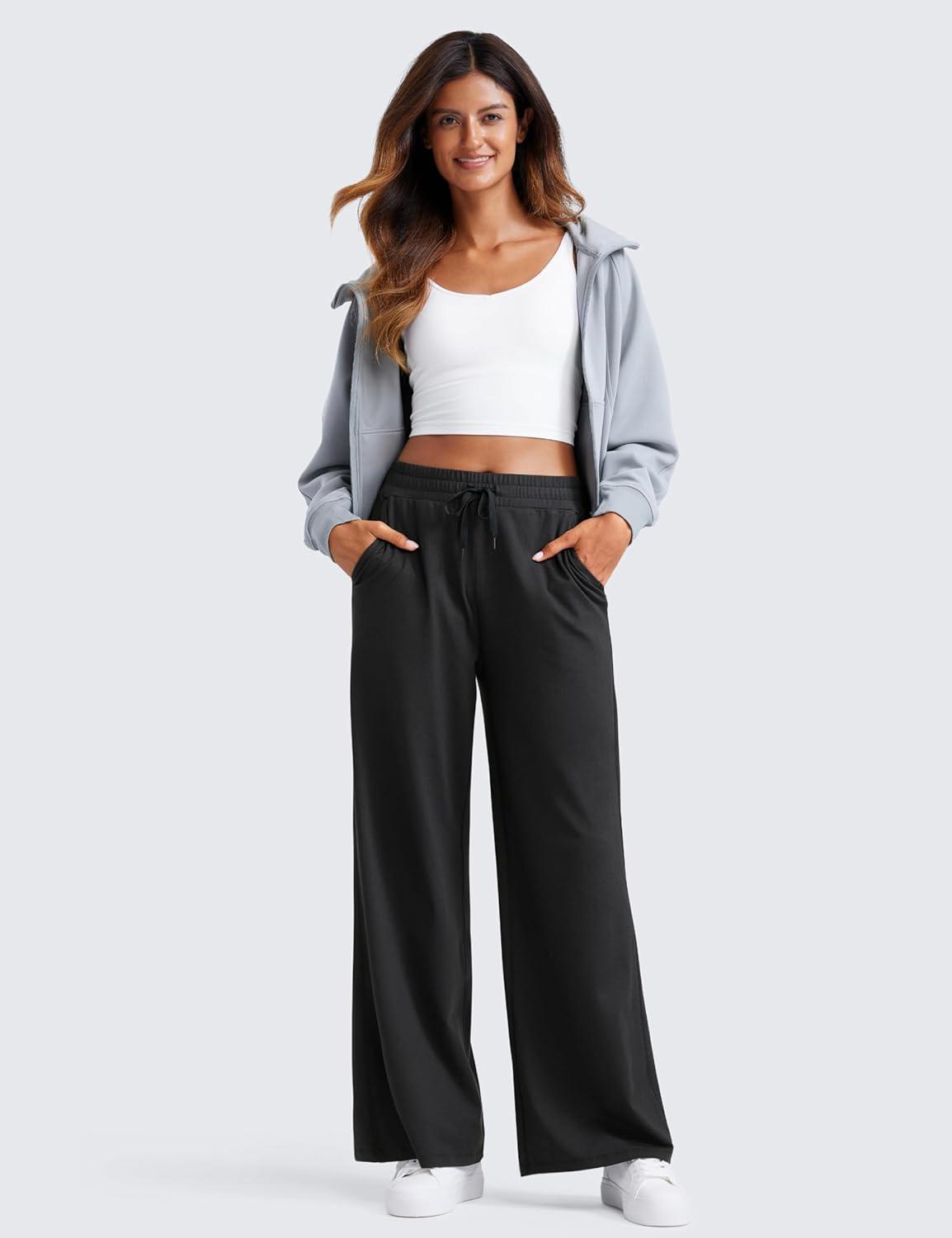 imageCRZ YOGA Cloud Jersey Wide Leg Sweatpants Women 30quot High Waisted Casual Lounge Pajama Travel Pants with PocketsBlack